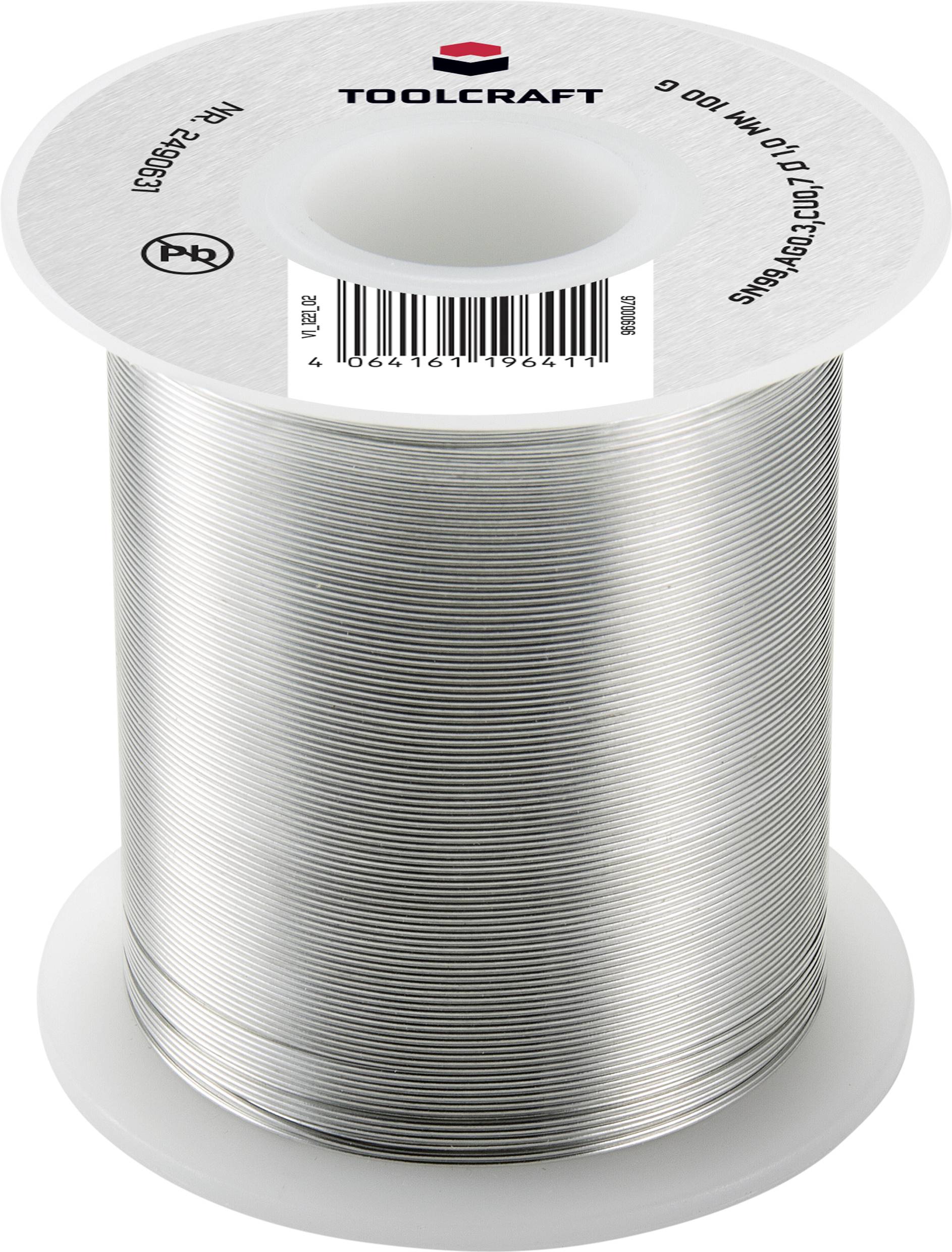 Rolle mit silbernem Lötdraht von TOOLCRAFT, Artikelnummer oben, Barcode sichtbar.