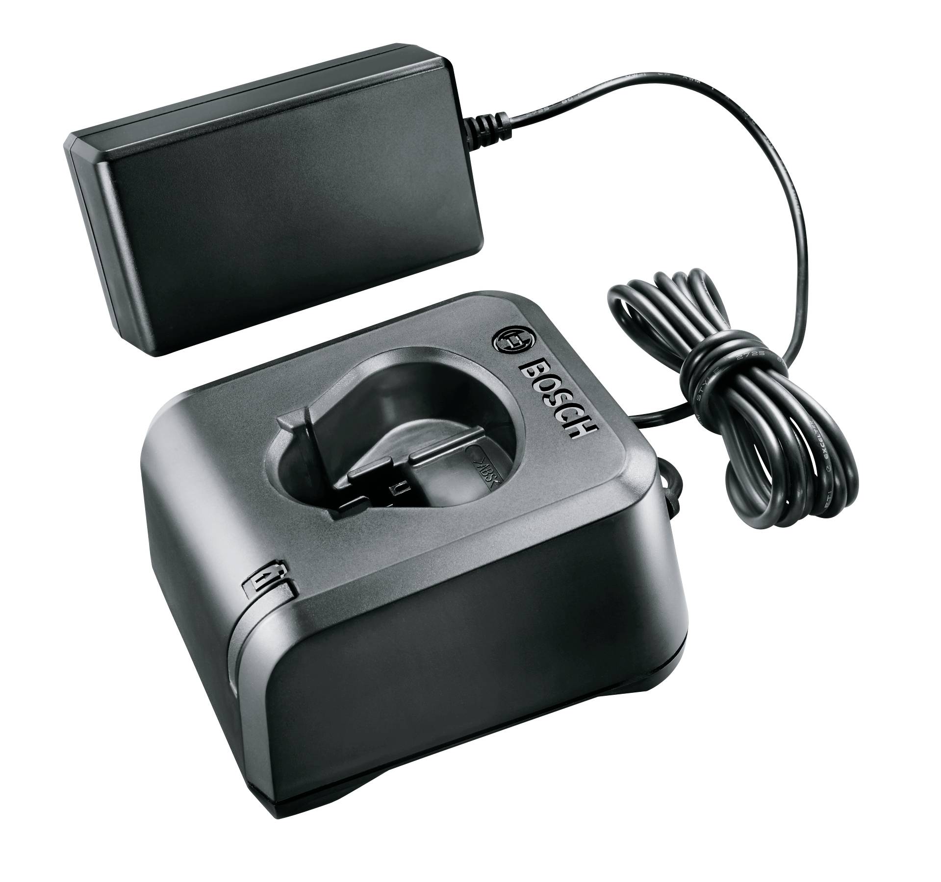 Schwarzes Bosch-Ladegerät mit Netzteil und Kabel für Akkus.