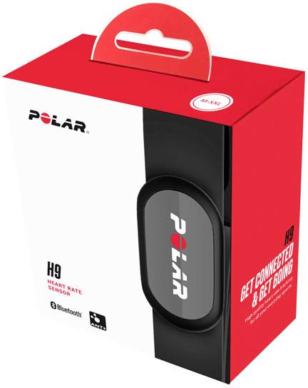 Verpackung des Polar H9 Herzfrequenzsensors, zeigt das Produkt und Informationen zu Bluetooth-Konnektivität auf rotem Hintergrund.