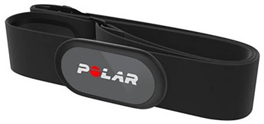 Schwarzer Herzfrequenzsensor mit Polar-Logo, dient zur Überwachung von Fitnessdaten während des Trainings.