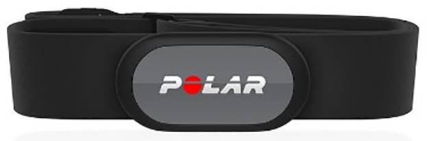 Ein schwarzer Pulsgurt mit einem zentralen Sensor, auf dem das Logo 'POLAR' in Weiß und Rot abgebildet ist.