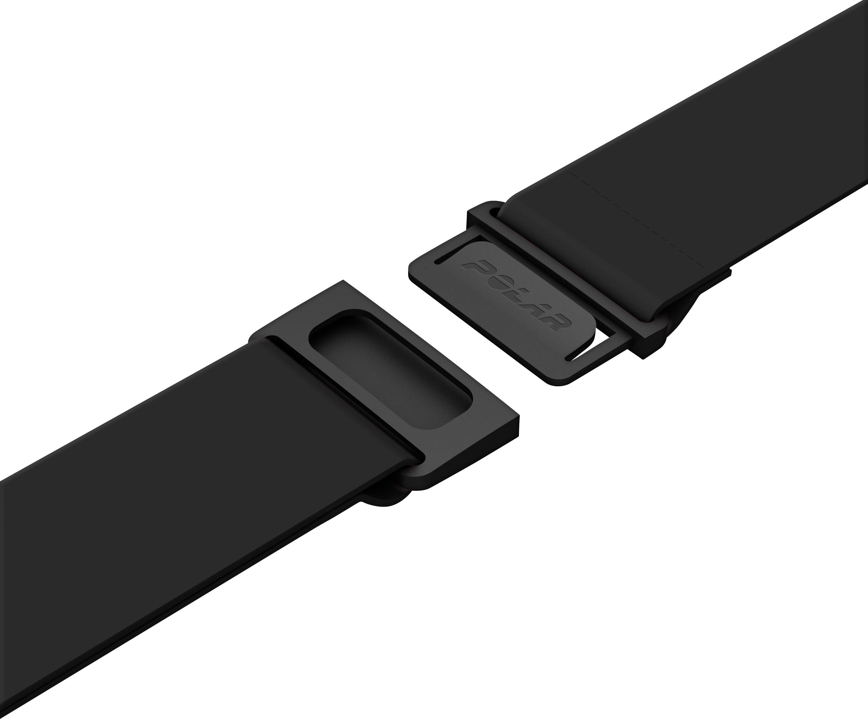Schwarzes Armband mit einem Verschlussmechanismus, der 'Polar' zeigt; geeignet für Uhren oder Fitness-Tracker.