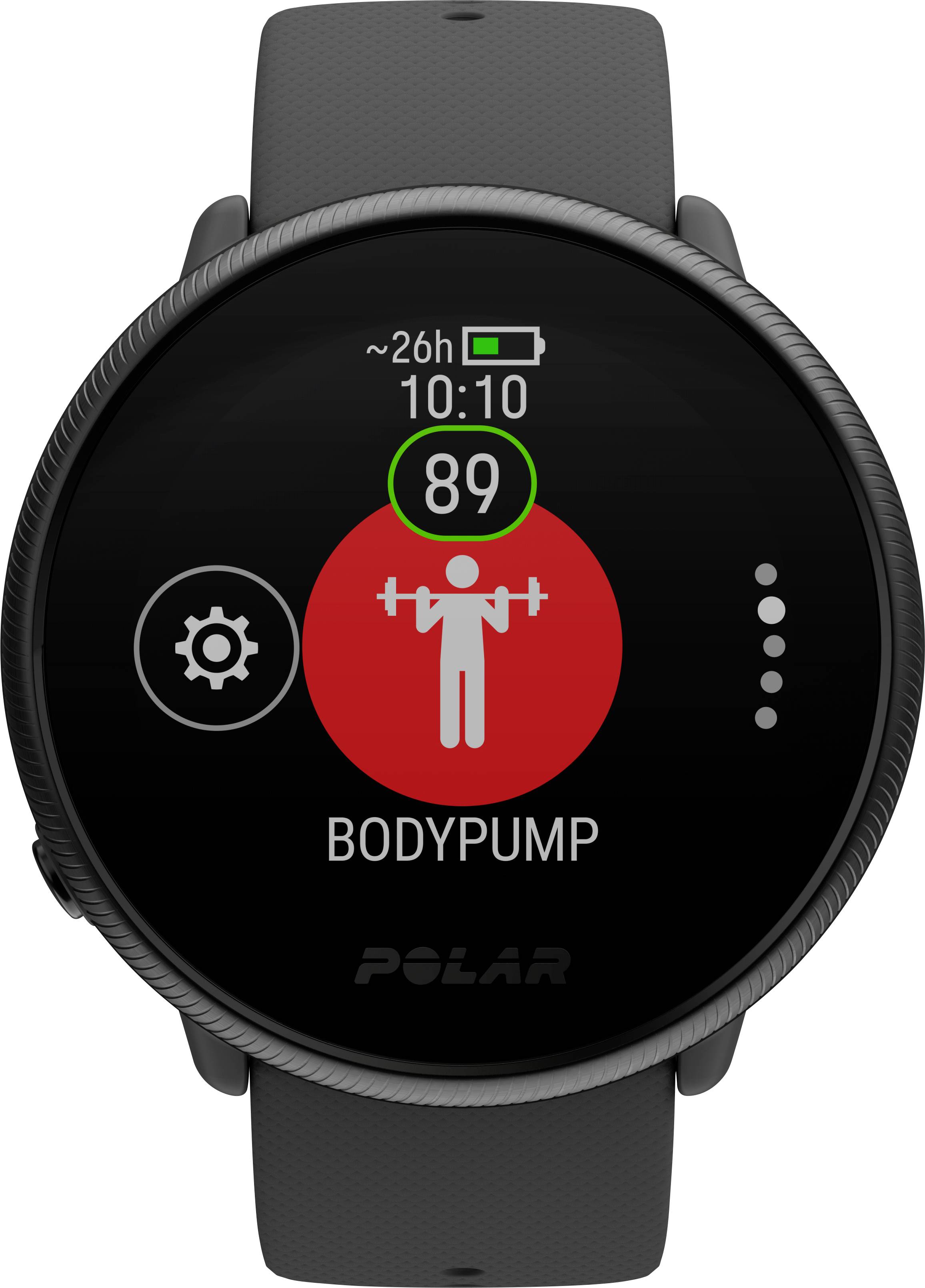 Die Smartwatch zeigt eine Fitness-App mit 'BODYPUMP', einer animierten Figur mit Gewichten und einem Herzfrequenzwert von 89.