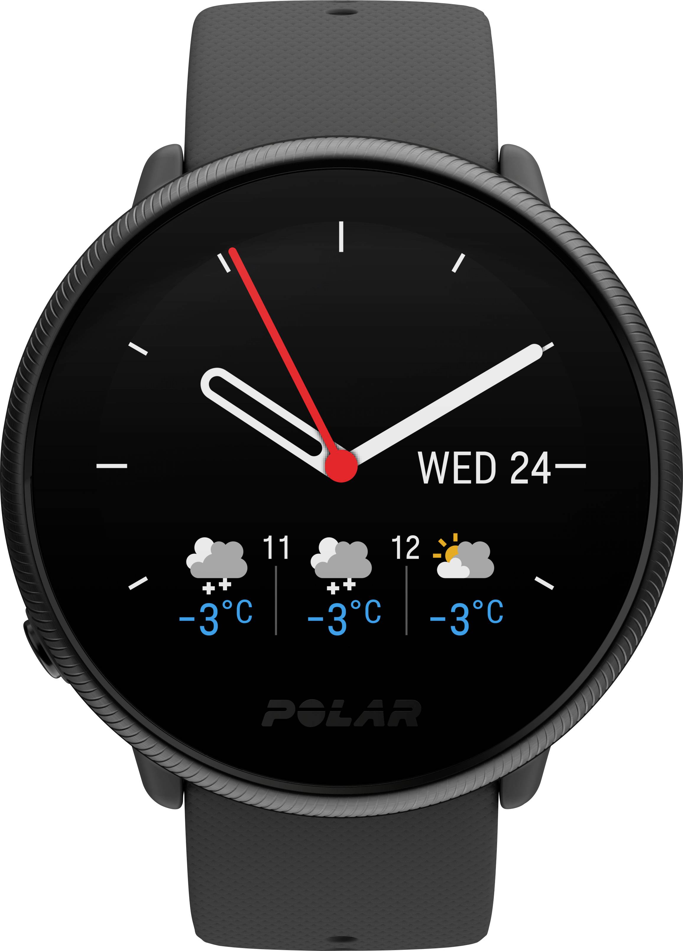 Eine schwarze Smartwatch zeigt die Uhrzeit 10:10, das Datum Mittwoch, 24. und eine Wettervorhersage mit Temperaturen zwischen -3°C und 3°C.