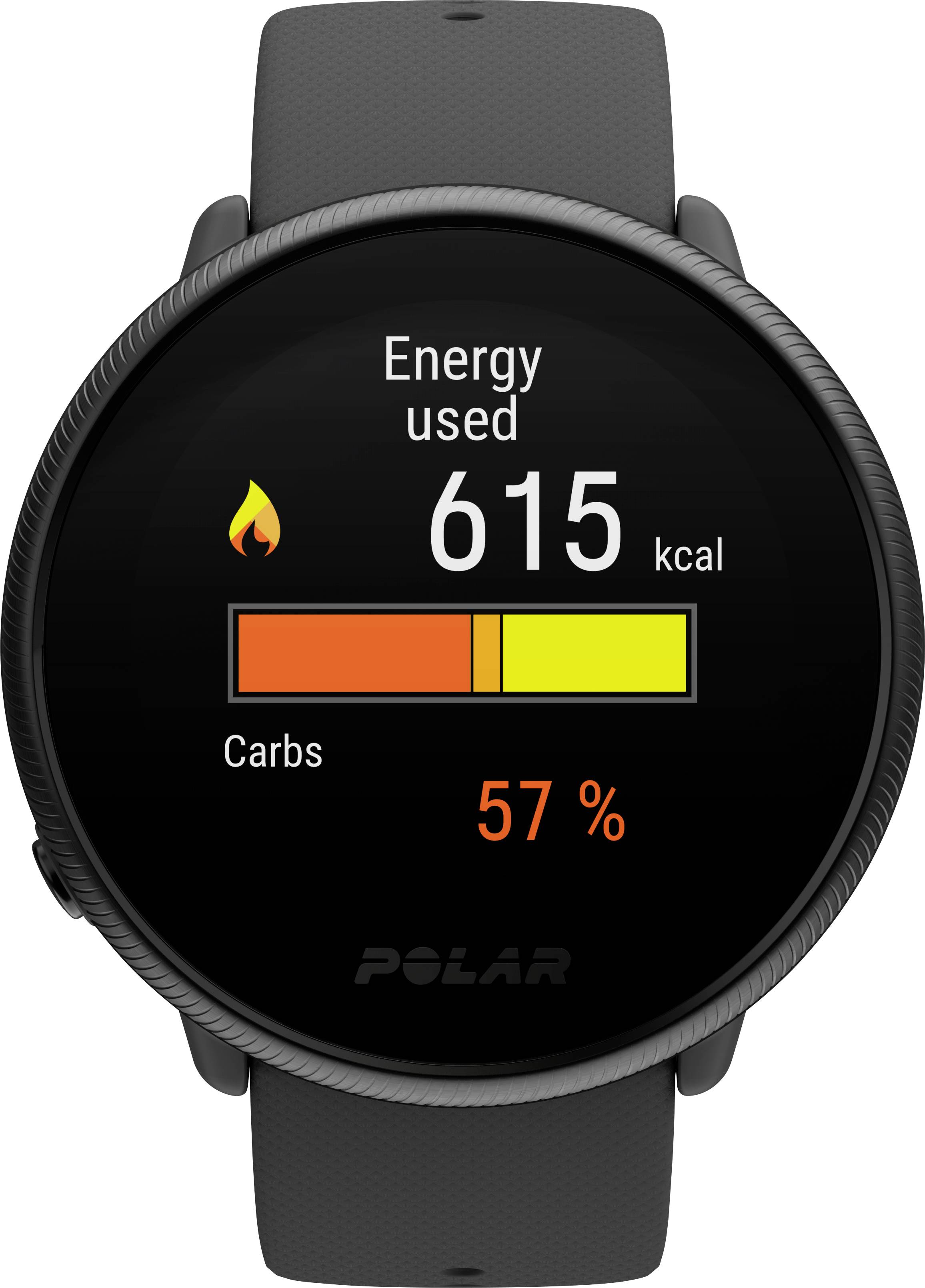 Smartwatch zeigt 'Energy used' als 615 kcal an. Balkendiagramm mit 57% Kohlenhydrate.