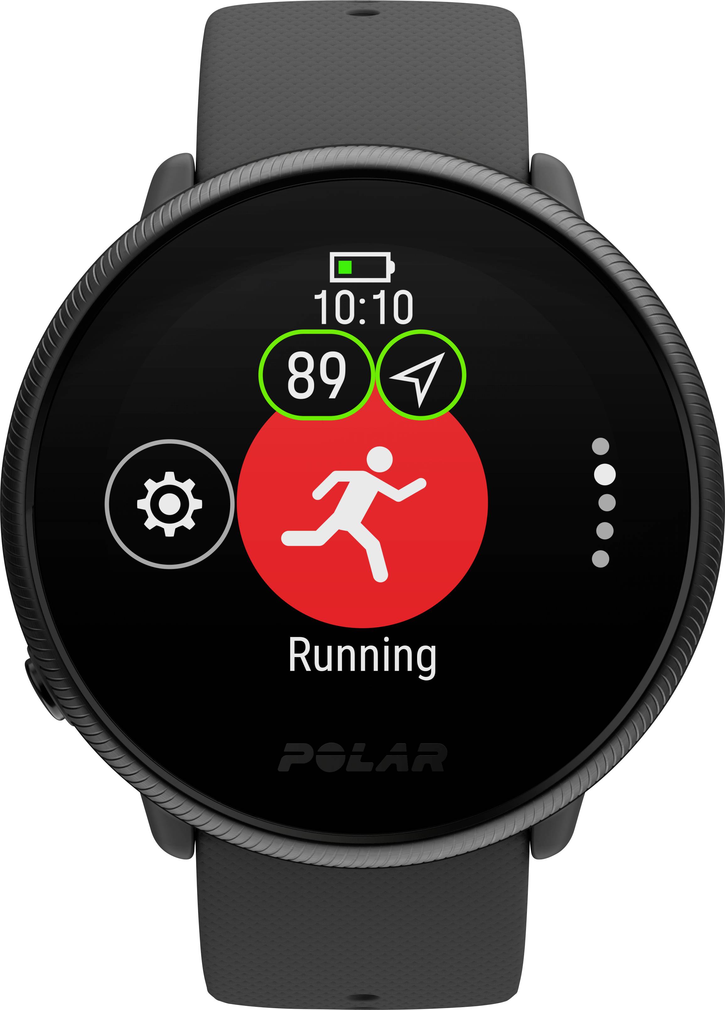 Schwarze Smartwatch mit rotem 'Running'-Symbol und Pfeil-Icon, zeigt 89% Akku und 10:10 Uhr an. Markenname unten.
