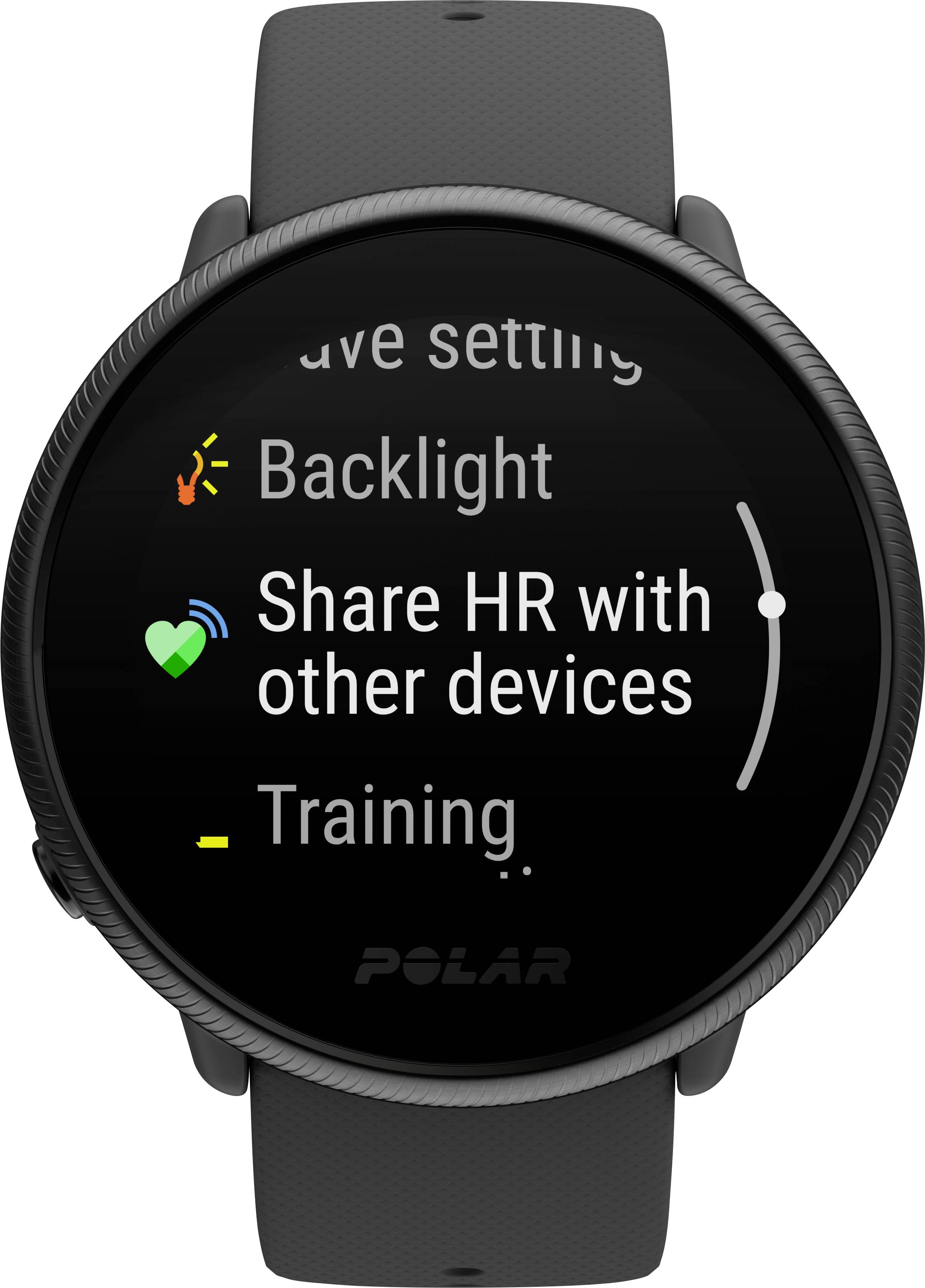 Schwarze Smartwatch mit Anzeigeoptionen: 'Backlight', 'Share HR with other devices'. Fitness-Tracker-Einstellungen sichtbar.