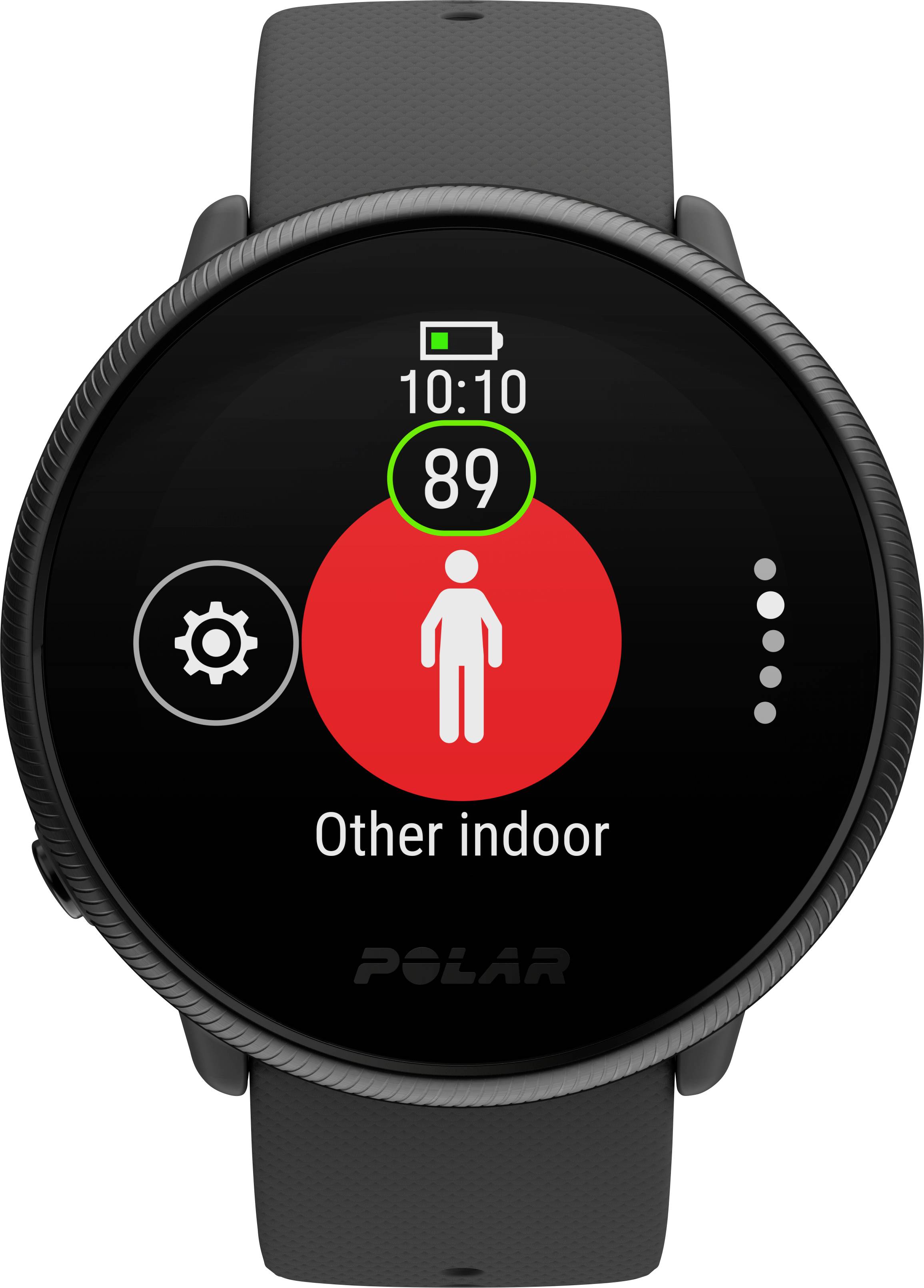 Smartwatch zeigt Herzfrequenz von 89 BPM bei 'Other indoor'-Training, Uhrzeit 10:10, Batterieanzeige minimal.