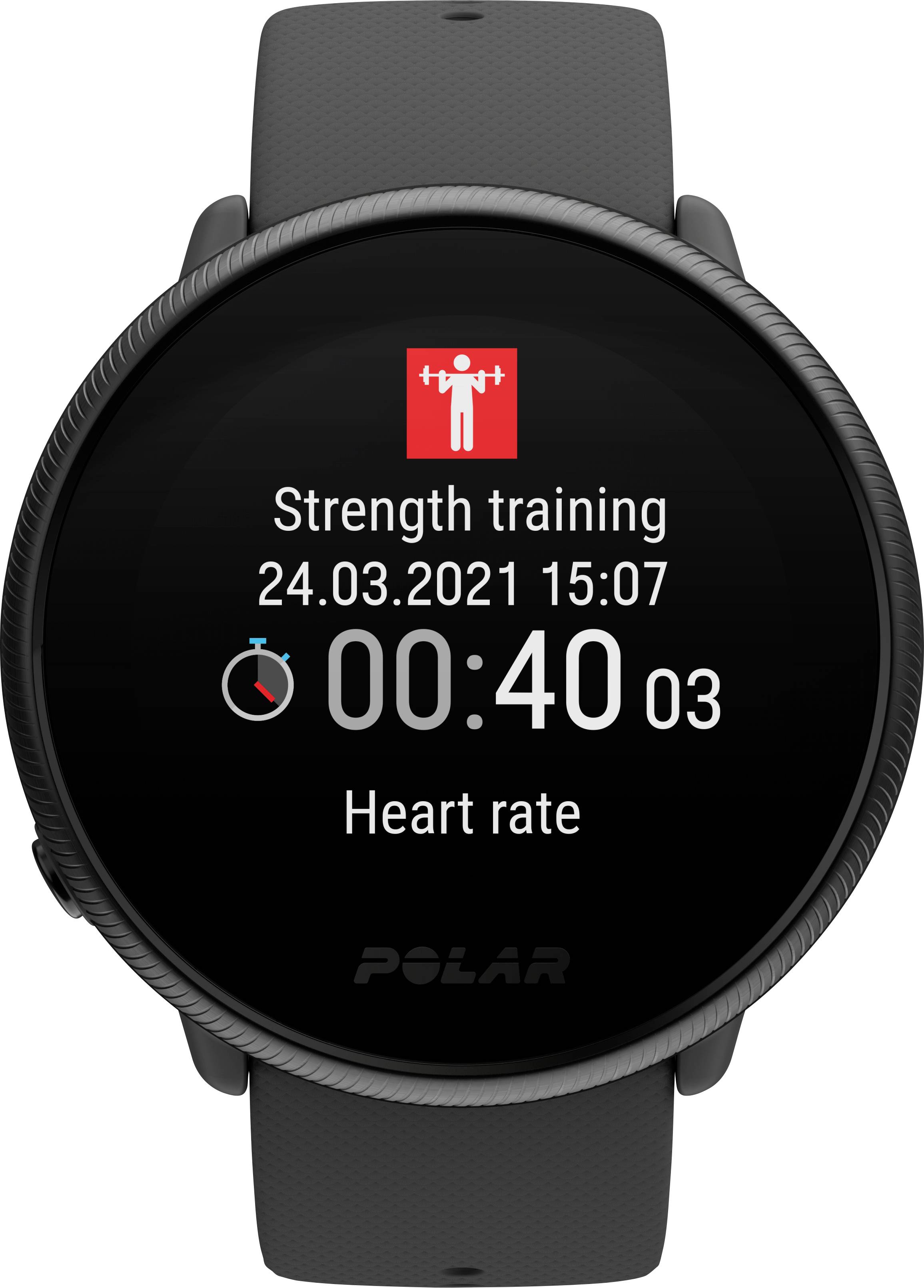 Schwarze Sportuhr zeigt 'Strength training', Datum und Uhrzeit '24.03.2021 15:07', Dauer '00:40:03', und 'Heart rate'.