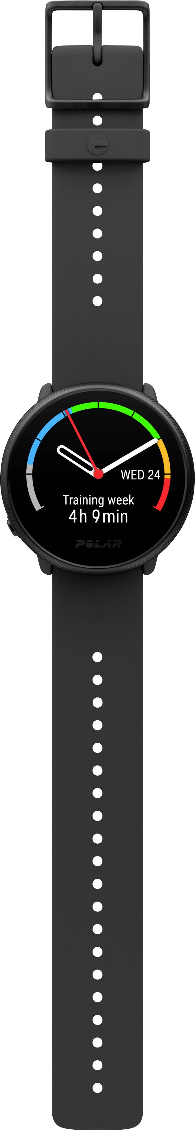 Schwarze Smartwatch mit rundem Zifferblatt zeigt Datum (Mittwoch, 24.) und Trainingsdauer (4 Stunden, 9 Minuten).