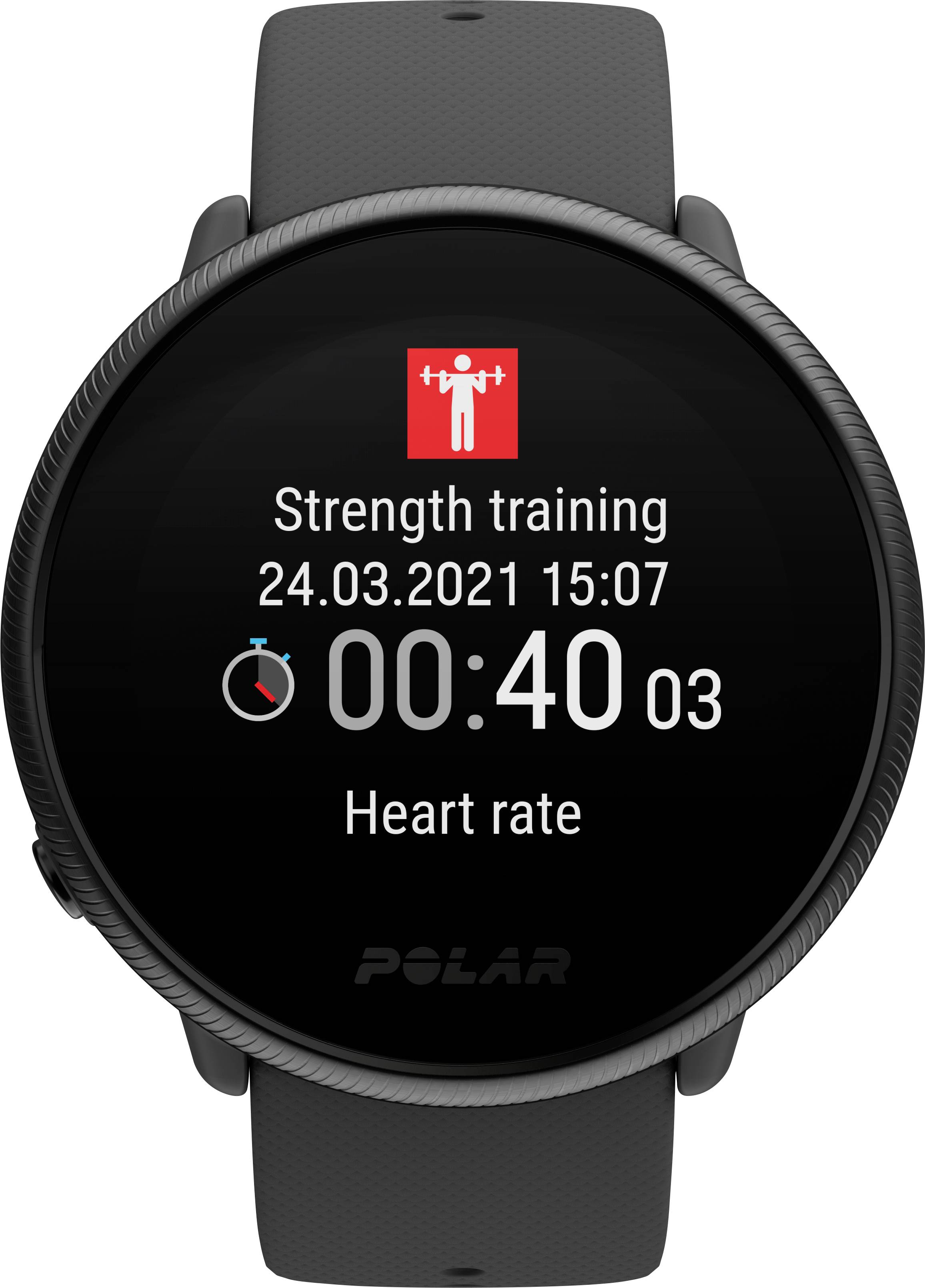 Die Smartwatch zeigt 'Strength training', Datum '24.03.2021', Uhrzeit '15:07', Dauer '00:40:03', und 'Heart rate'-Funktion.