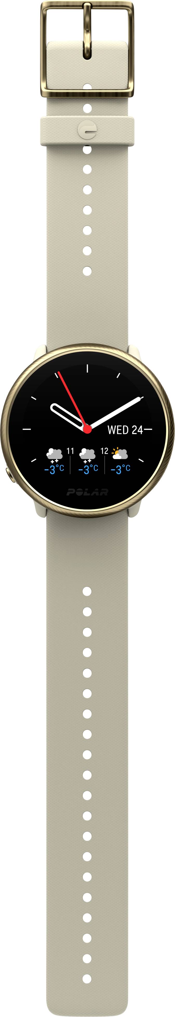 Eine Smartwatch mit rundem Zifferblatt, goldfarbenem Gehäuse und beigem Armband. Zeigt Uhrzeit und Wettervorhersage.