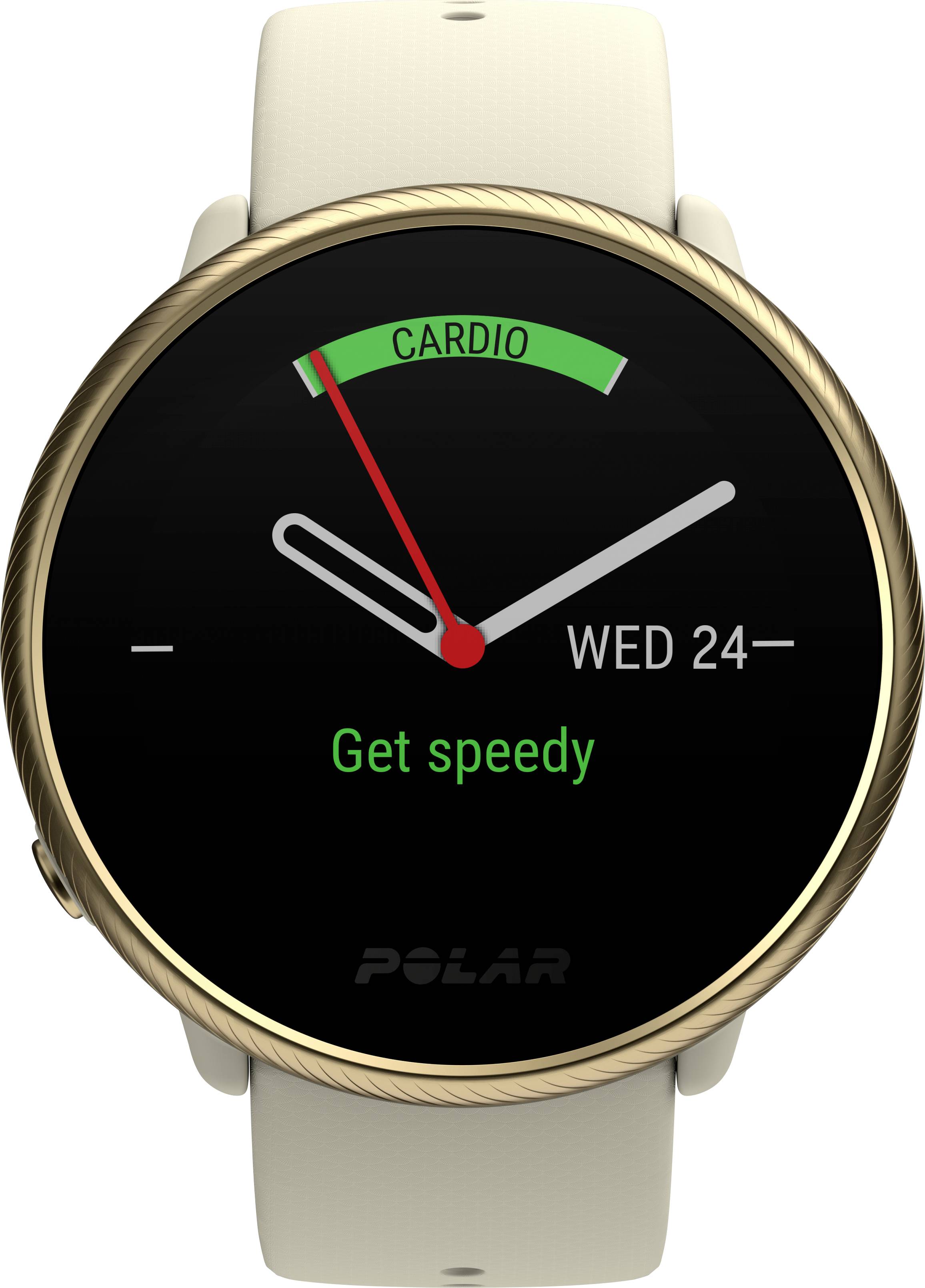 Smartwatch mit goldener Lünette zeigt einen Herzfrequenzmesser mit rotem Zeiger. Auf dem Bildschirm steht 'Get speedy' und das Datum 'Wed 24'.