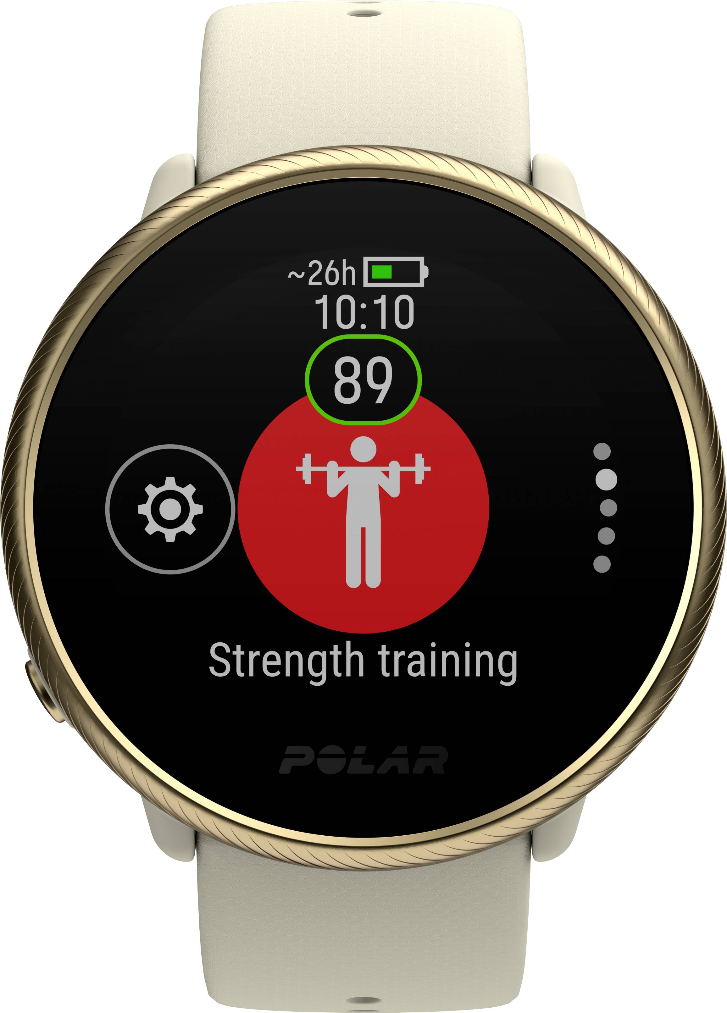 Smartwatch-Display zeigt 'Strength training' mit Fortschritt von 89, Uhrzeit 10:10, Batterieanzeige '26h'.