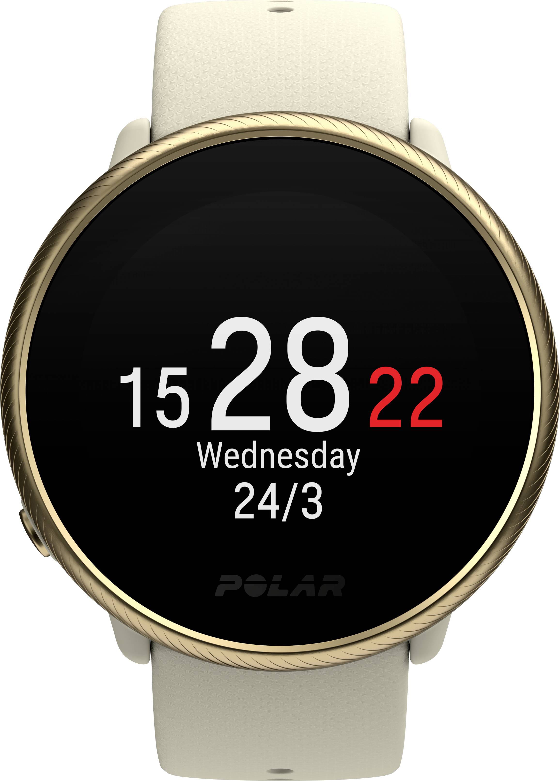 Armbanduhr mit einem digitalen Ziffernblatt zeigt '15:28' am Mittwoch, 24. März an. Beiger Armband.