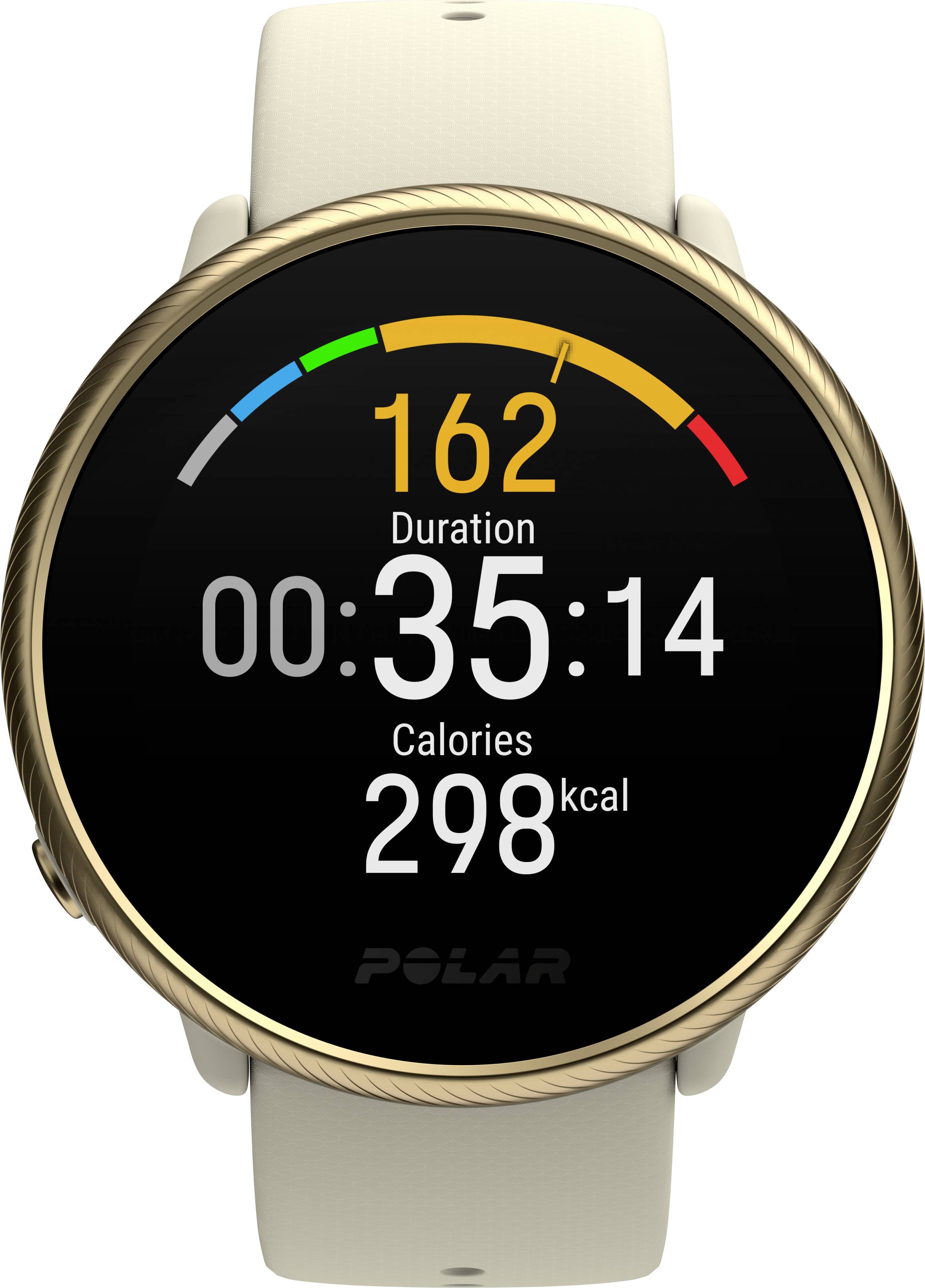 Eine Smartwatch zeigt: Puls 162, Dauer 35 Minuten 14 Sekunden, Kalorienverbrauch 298 kcal. Markennamen unten auf dem Display.
