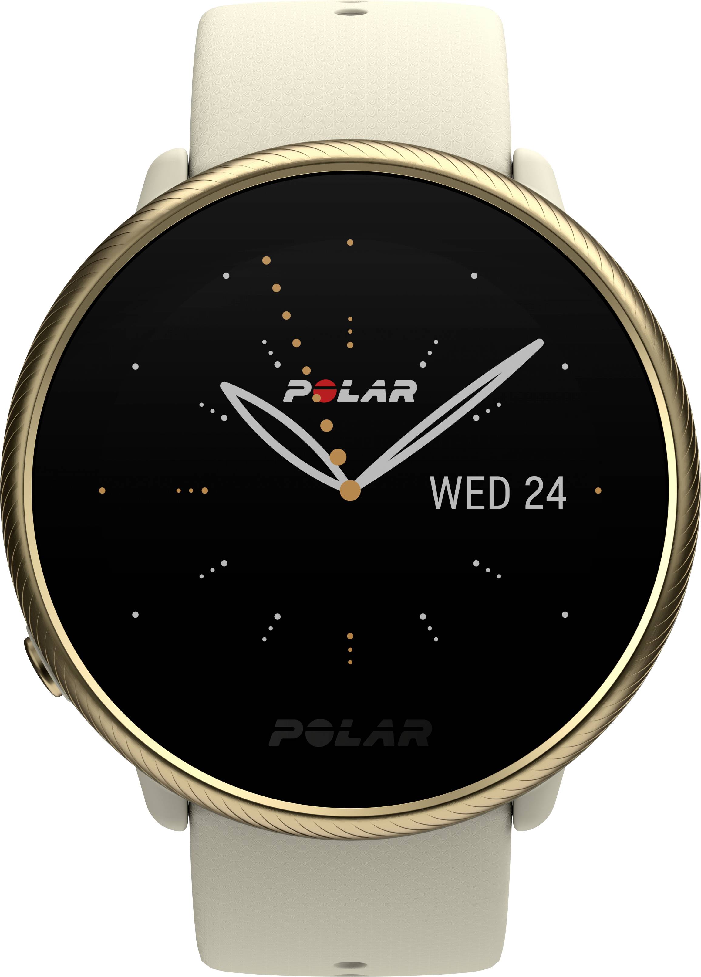 Smartwatch mit weißem Armband und goldener Lünette zeigt Zeit mit minimalistischen Zeigern und Datum 'Mi 24'.