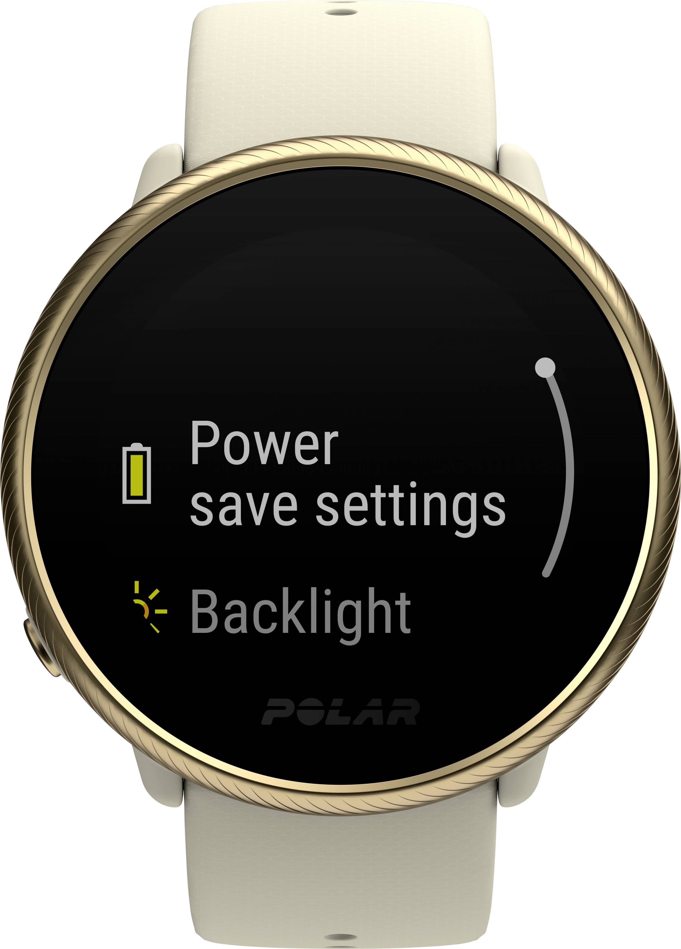 Eine Smartwatch mit einem runden Display zeigt die Optionen 'Power save settings' und 'Backlight' an.