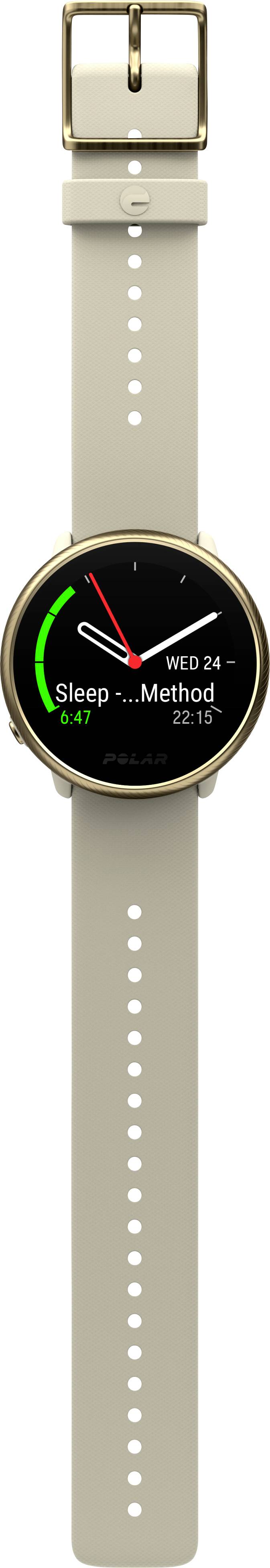 Smartwatch mit goldfarbenem Gehäuse und beigem Armband zeigt Datum 'WED 24' und 'Sleep Method' an. Batteriestatus grün.