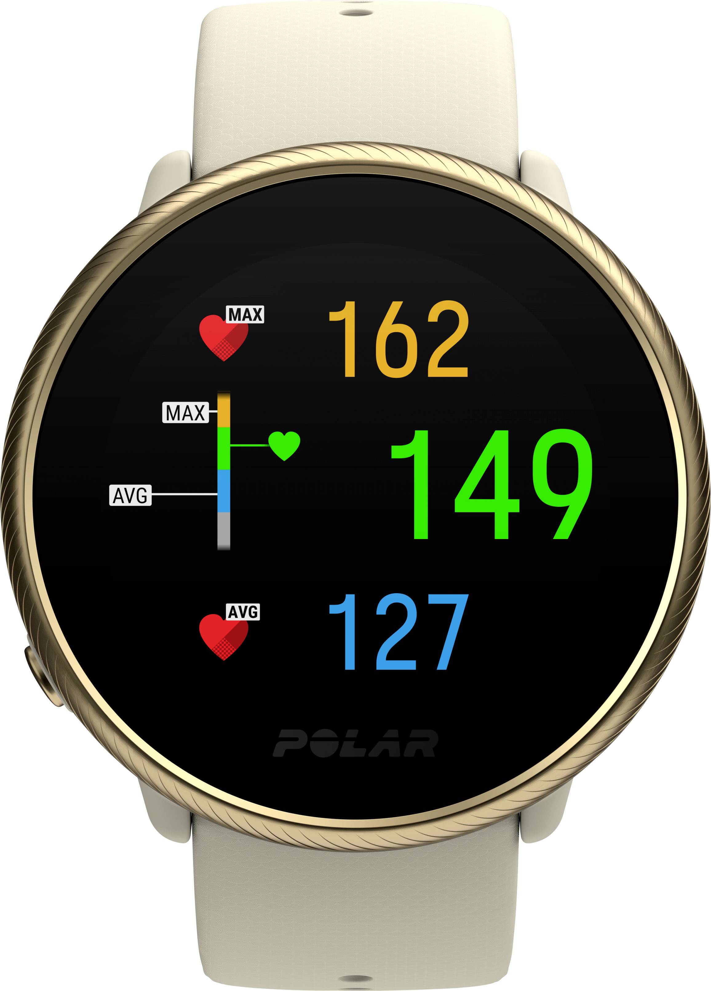Smartwatch mit goldfarbenem Rand zeigt Herzfrequenzen: Maximum 162, Durchschnitt 149, Minimum 127, mit Herzsymbolen für Maximal- und Durchschnittswerte.