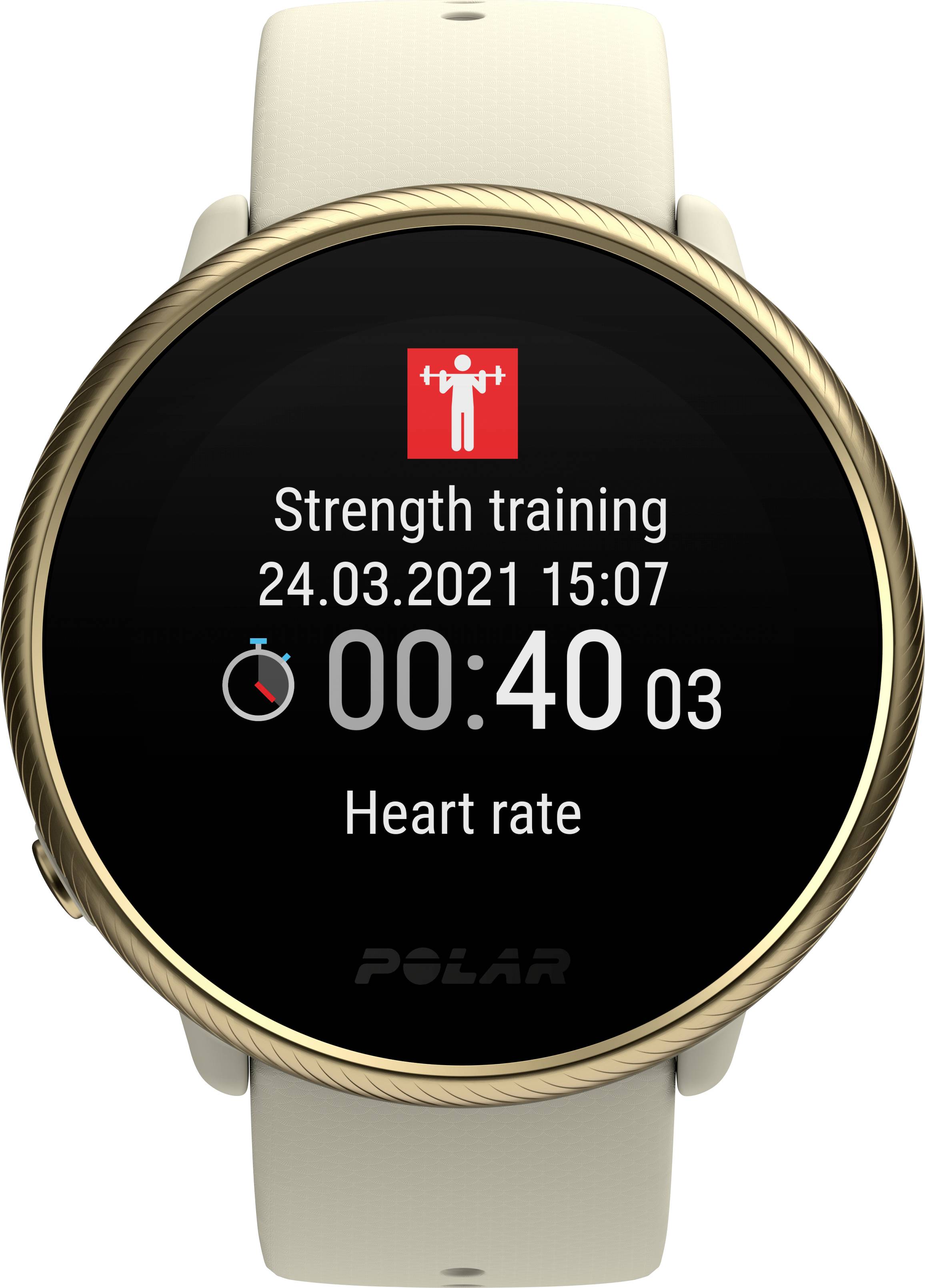 Eine Smartwatch zeigt 'Strength training', Datum 24.03.2021, Uhrzeit 15:07, eine Uhr bei 00:40:03 und 'Heart rate'.