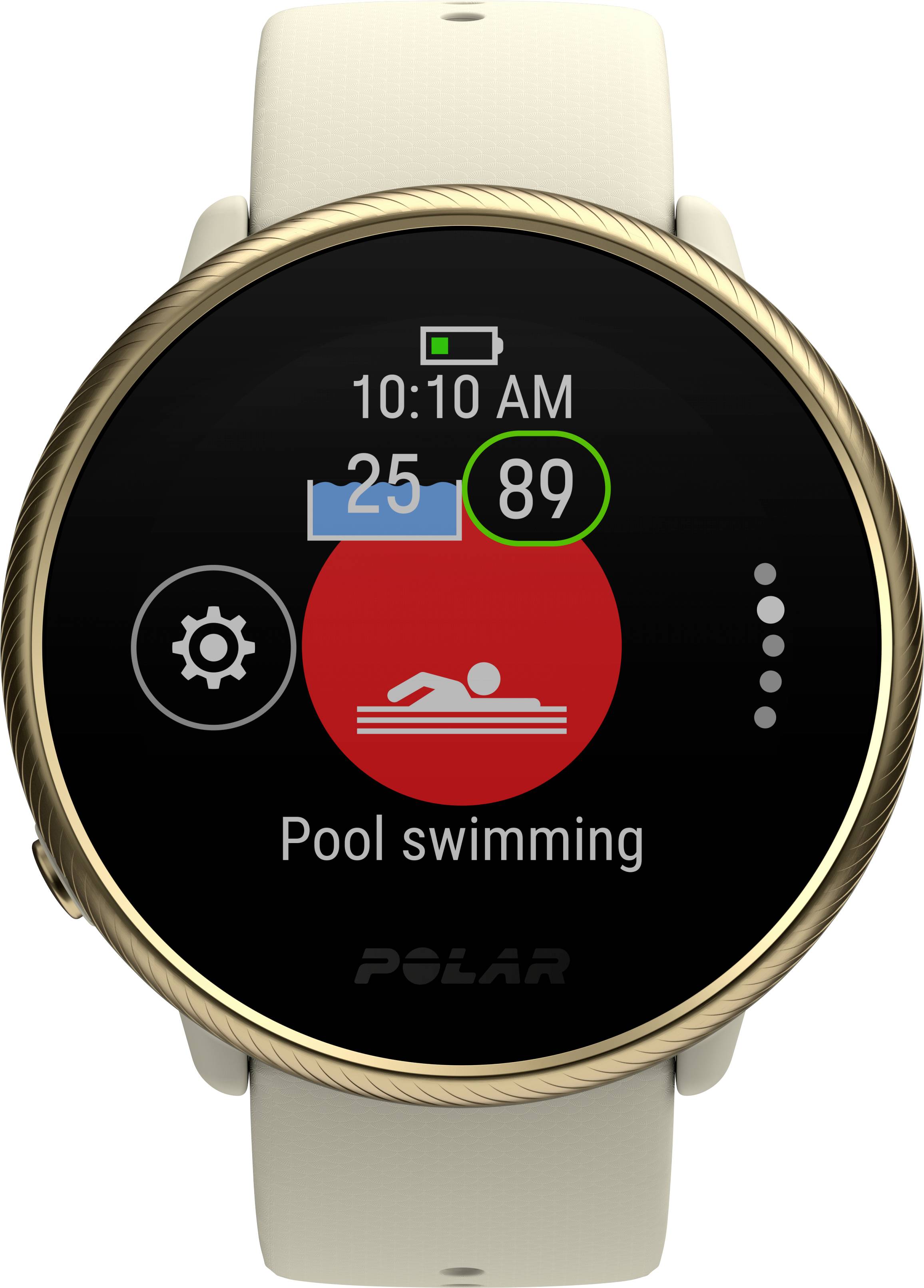 Smartwatch mit Pool-Schwimmmodus auf dem Bildschirm. Uhrzeit ist 10:10 AM. Herzfrequenzanzeige zeigt 89. Batterieanzeige auf 50%.