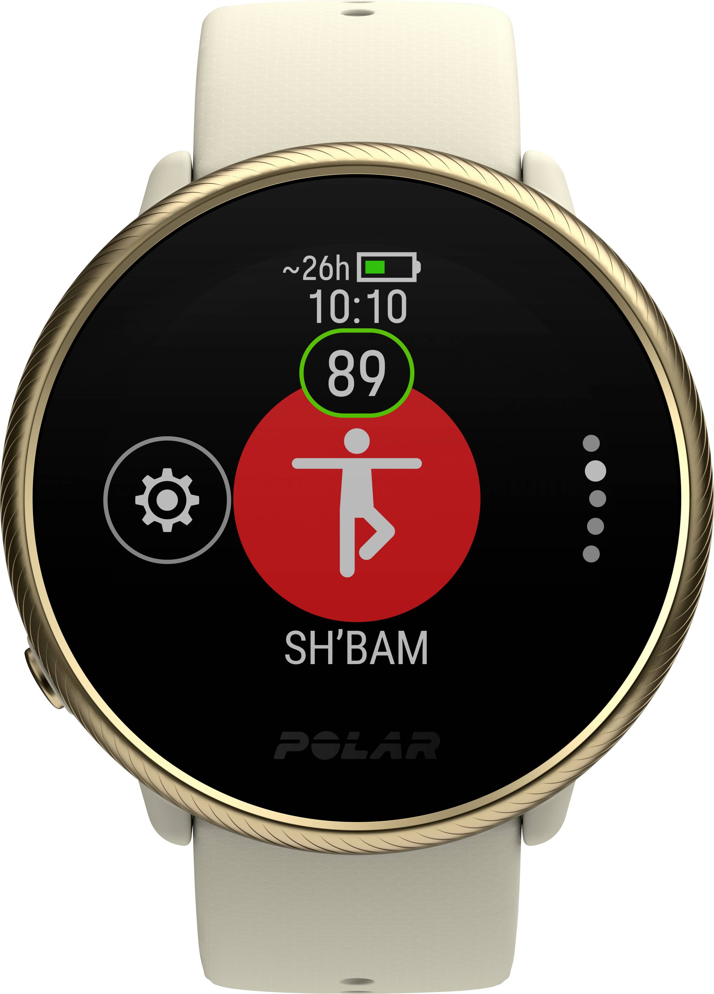 Eine Smartwatch zeigt eine Fitness-App mit einem roten Symbol einer Person. Oben wird die aktuelle Herzfrequenz mit 89 angezeigt.