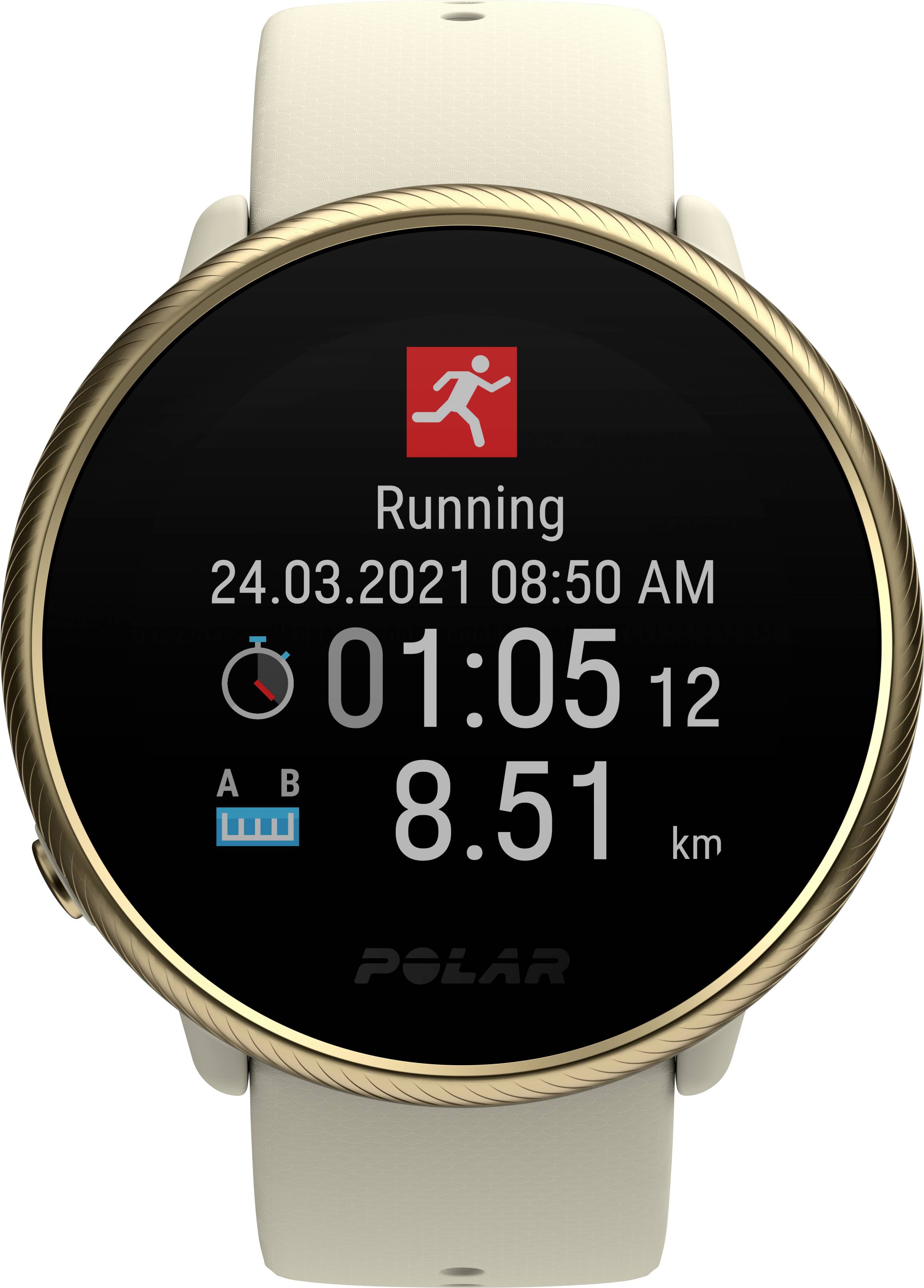 Digitale Sportuhr zeigt 'Running', Datum '24.03.2021', Zeit '01:05:12', Distanz '8.51 km'. Enthält Batterieanzeige und Analoguhr.