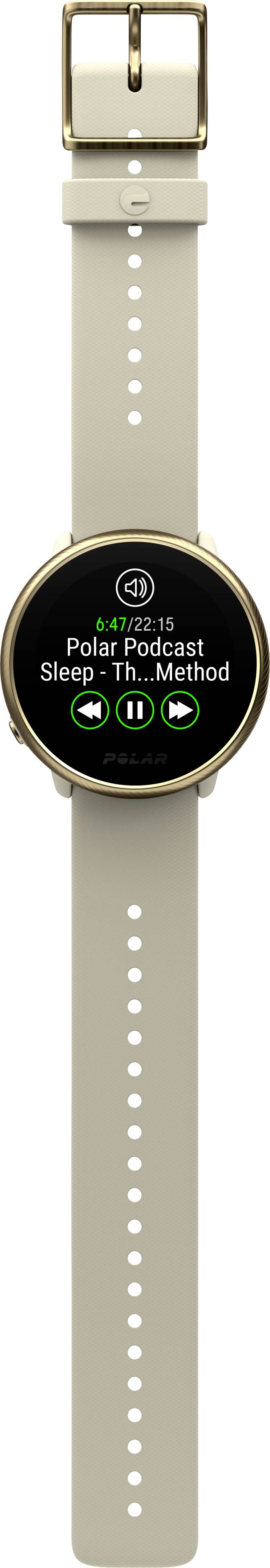 Smartwatch mit goldenem Gehäuse und beigem Armband zeigt einen Podcast 'Sleep Method' auf dem Bildschirm.