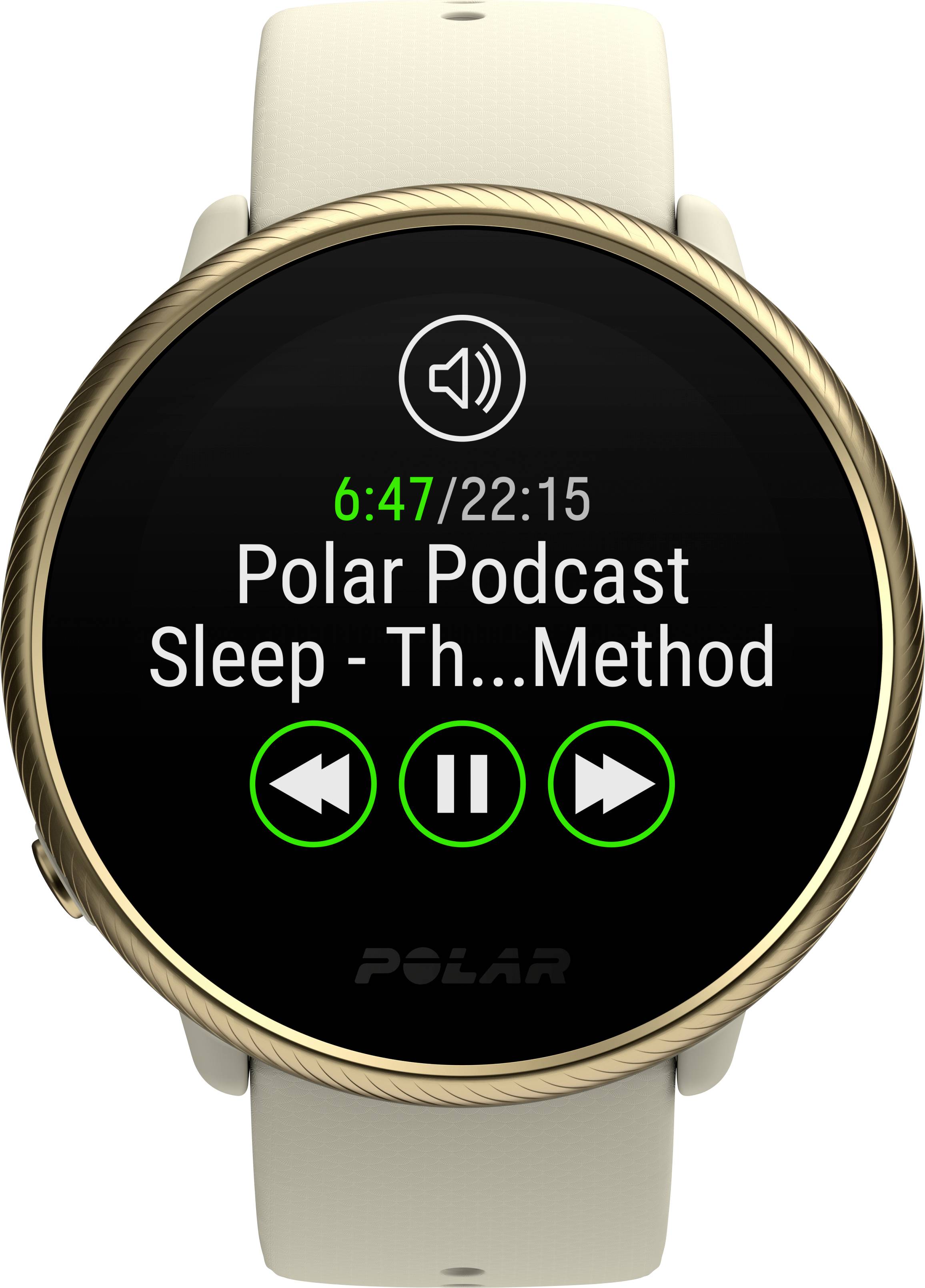 Eine Smartwatch zeigt einen Podcast mit dem Titel 'Polar Podcast Sleep - Th...Method', verbleibende Zeit 22:15 Minuten, Wiedergabe- und Pause-Symbole.