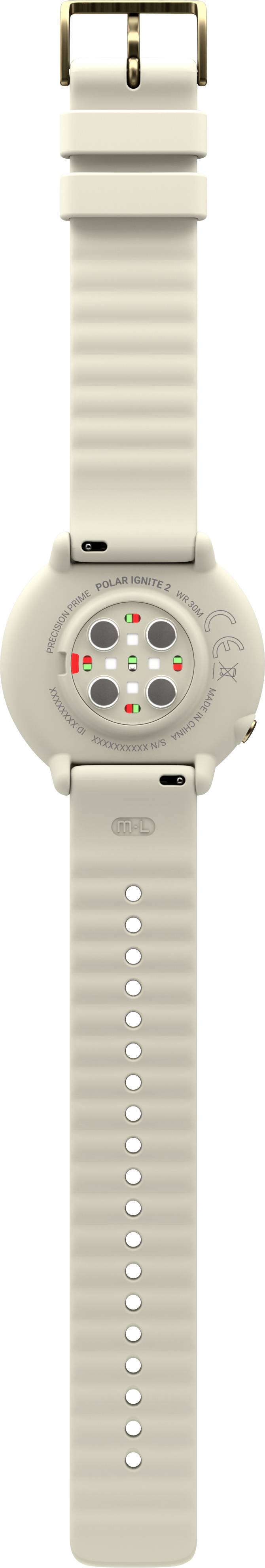 Helle Armbanduhr mit mehreren farbigen Sensoren auf der Rückseite, beige Silikonarmband und Metallschnalle, vertikal ausgerichtet.