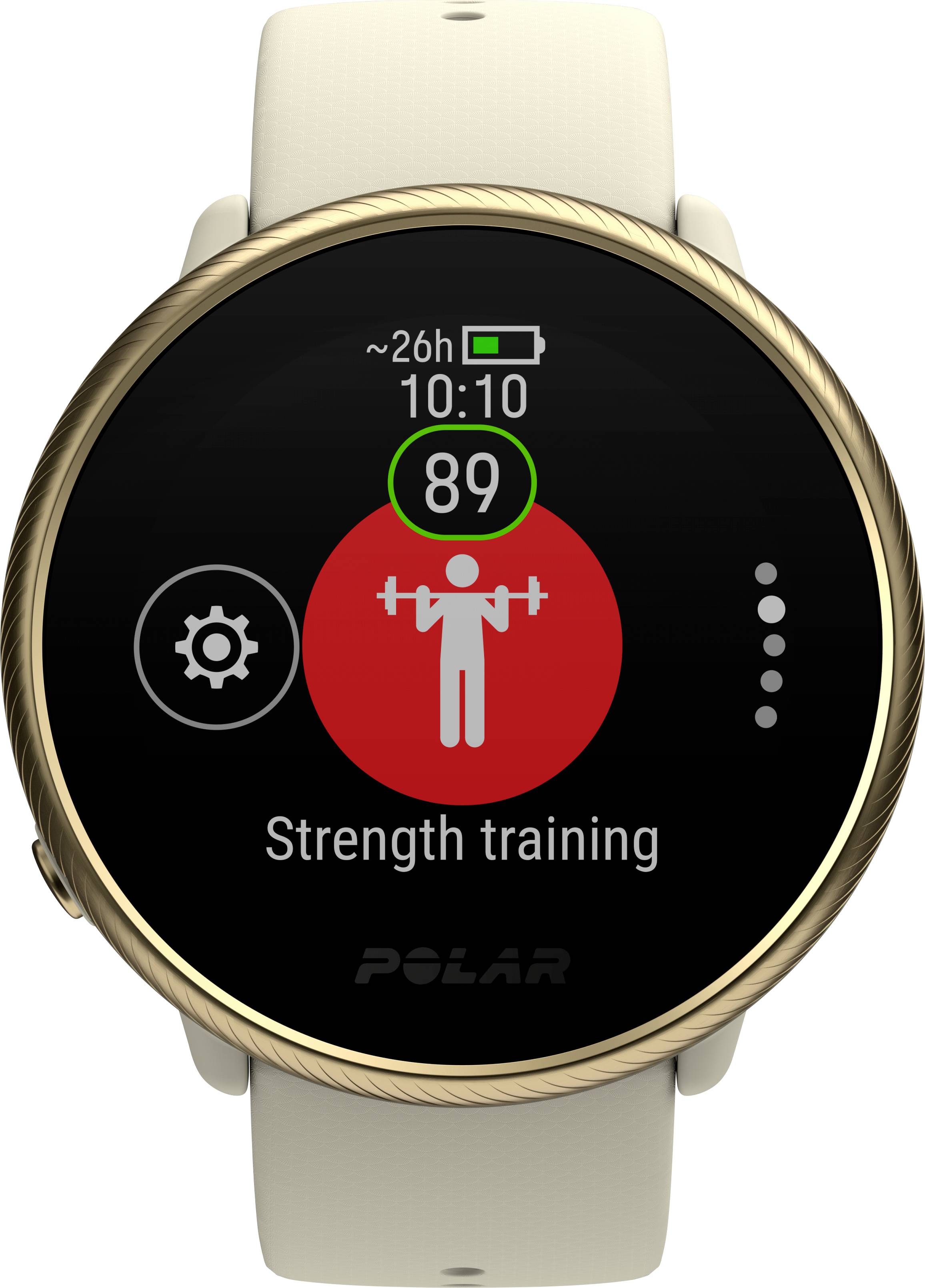 Eine Smartwatch zeigt 'Strength training' an, mit einem Icon für Gewichtheben und einer Anzeige von 89 Herzschlägen pro Minute.