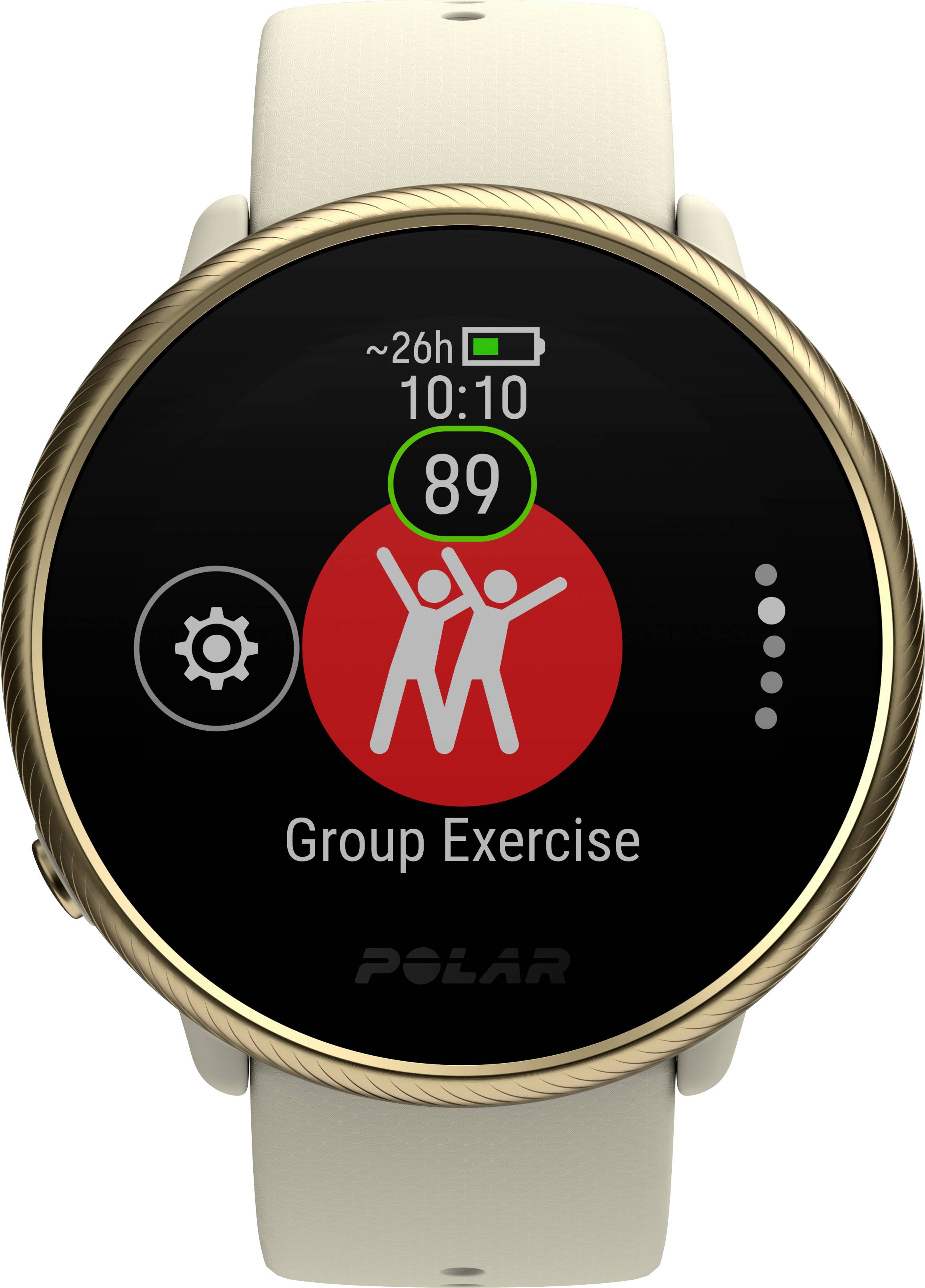 Eine Smartwatch zeigt das Symbol für 'Gruppentraining' mit einem roten Kreis und zwei stilisierten Personen, daneben die Zahl 89.