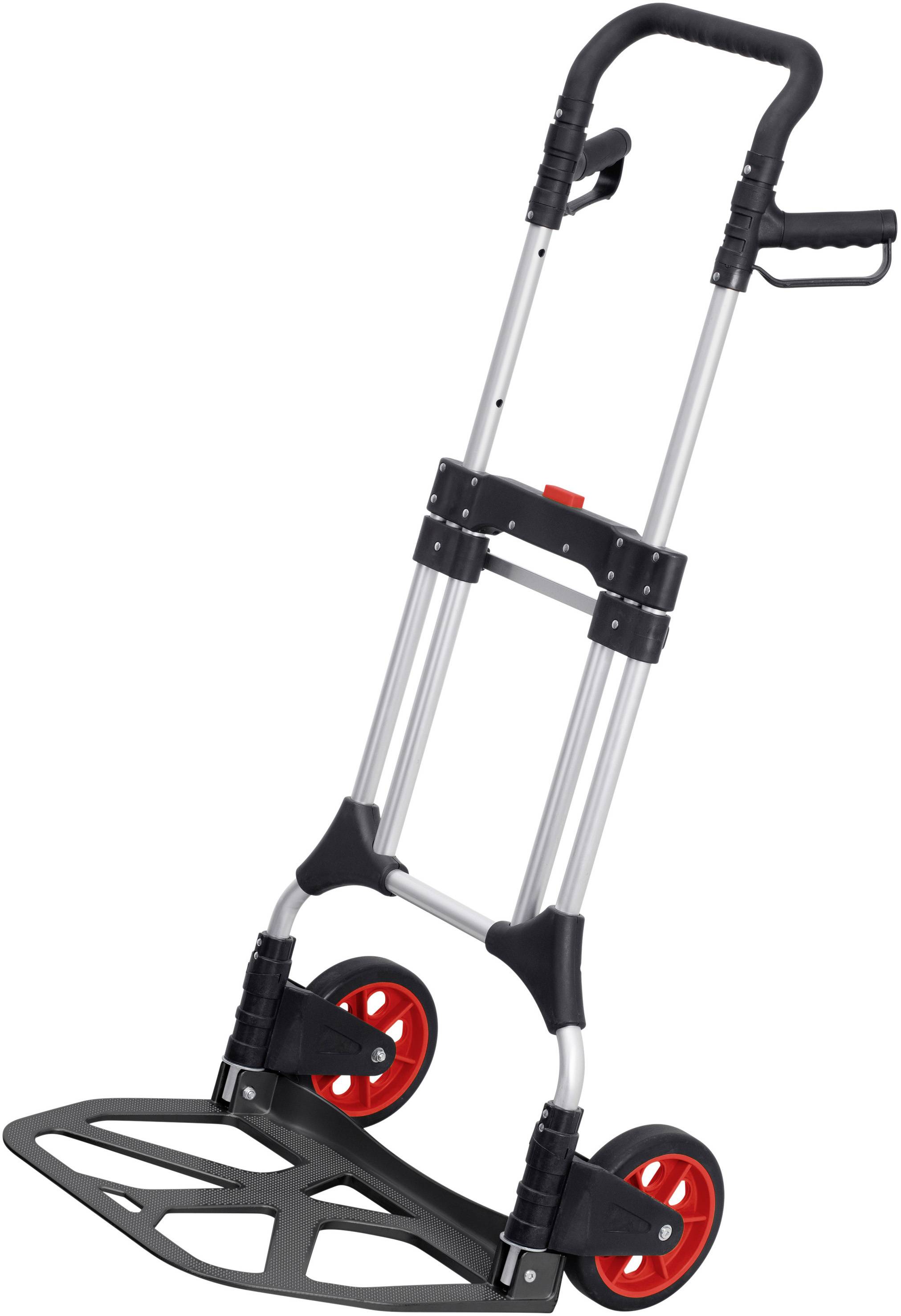 Ein zusammenklappbarer Transportwagen mit ausziehbarem Griff und zwei roten Rädern, ideal für den Transport von Kisten oder Gepäck.