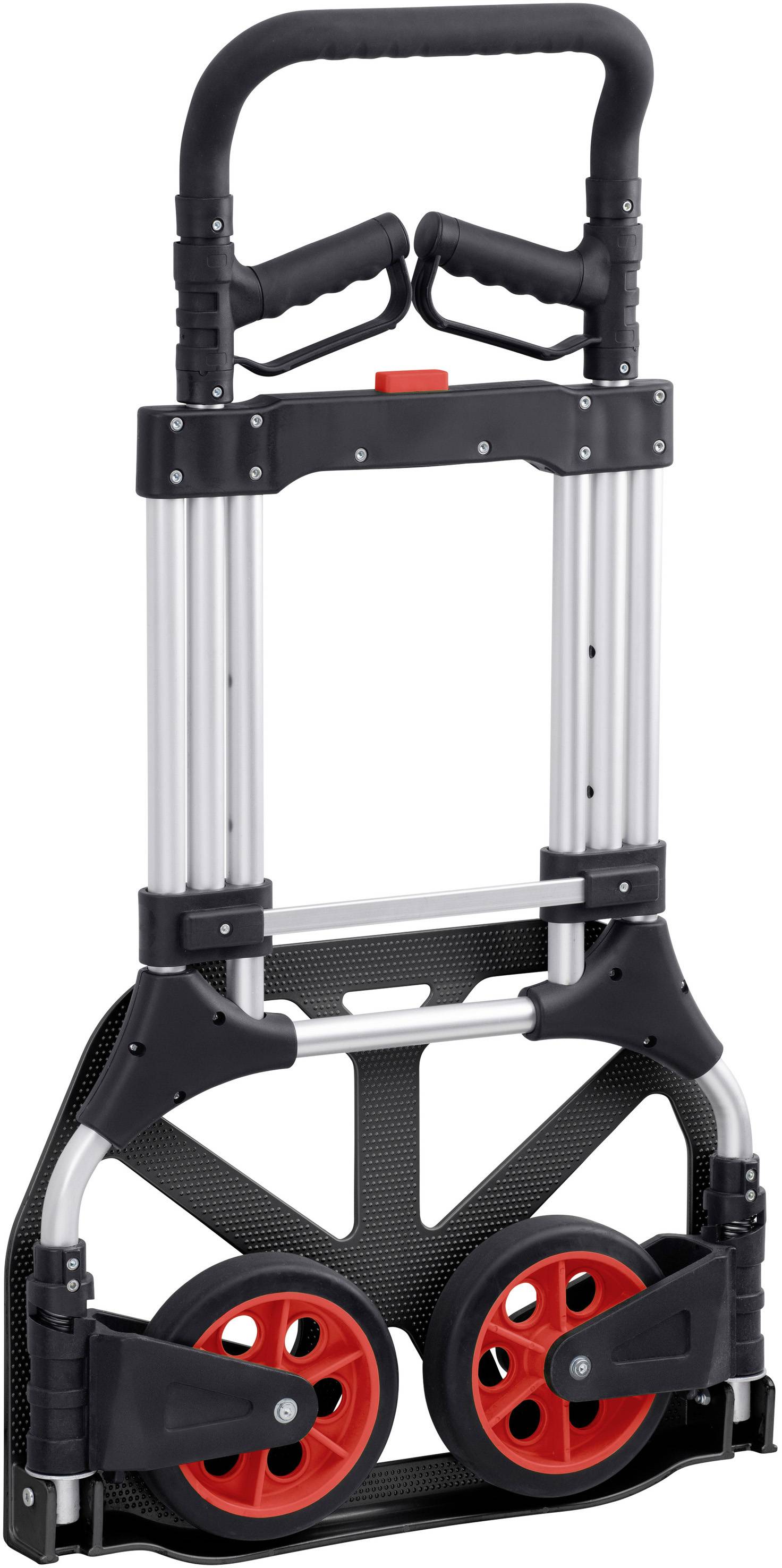 Ein schwarzer und silberner Transportwagen mit roten Rädern, zusammenklappbar und geeignet für den Transport von schweren Gegenständen.