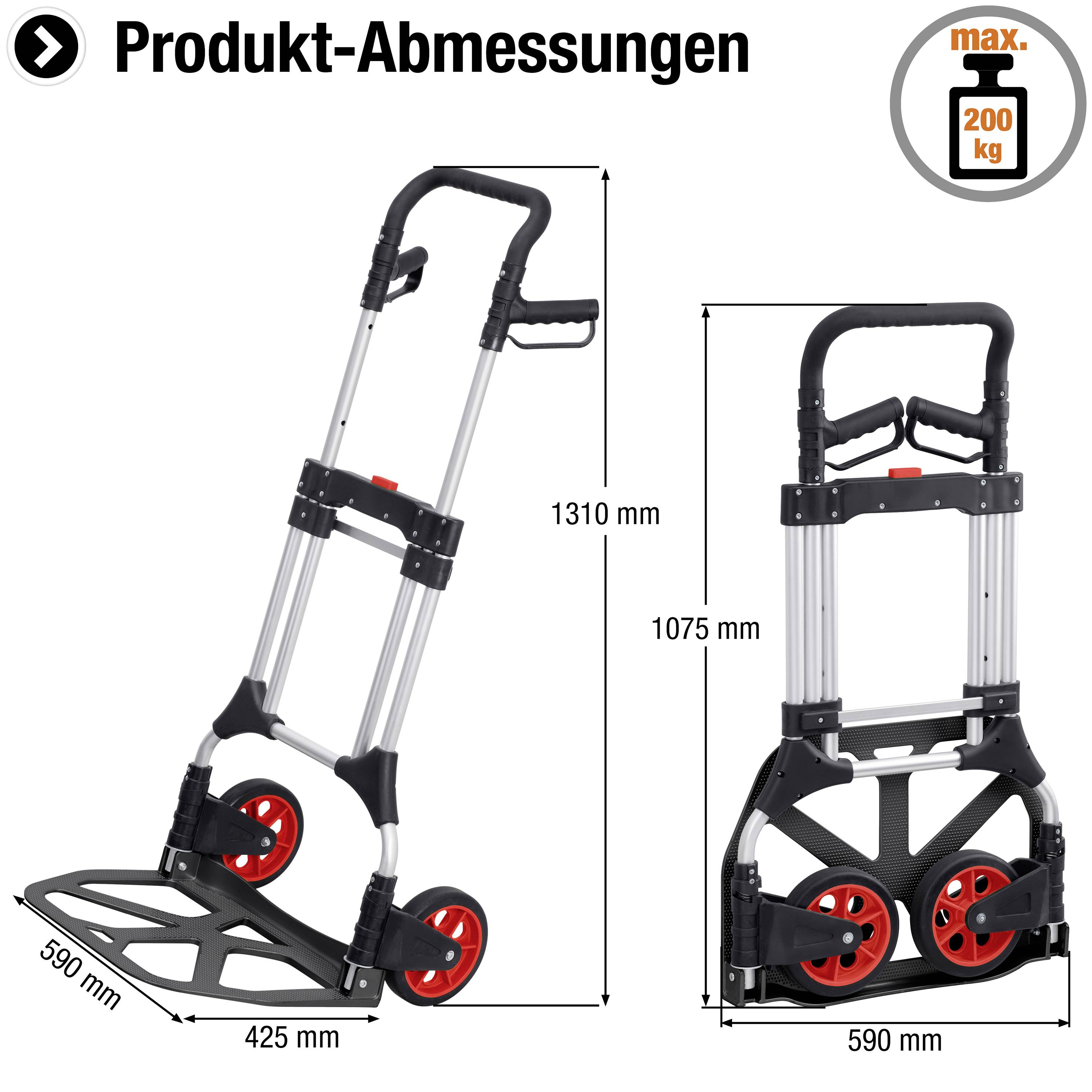 Klappwagen mit roten Rädern. Links: ausgeklappt (1310 mm hoch, 425 mm breit). Rechts: zusammengeklappt (1075 mm hoch, 590 mm breit). Maximale Belastung 200 kg.
