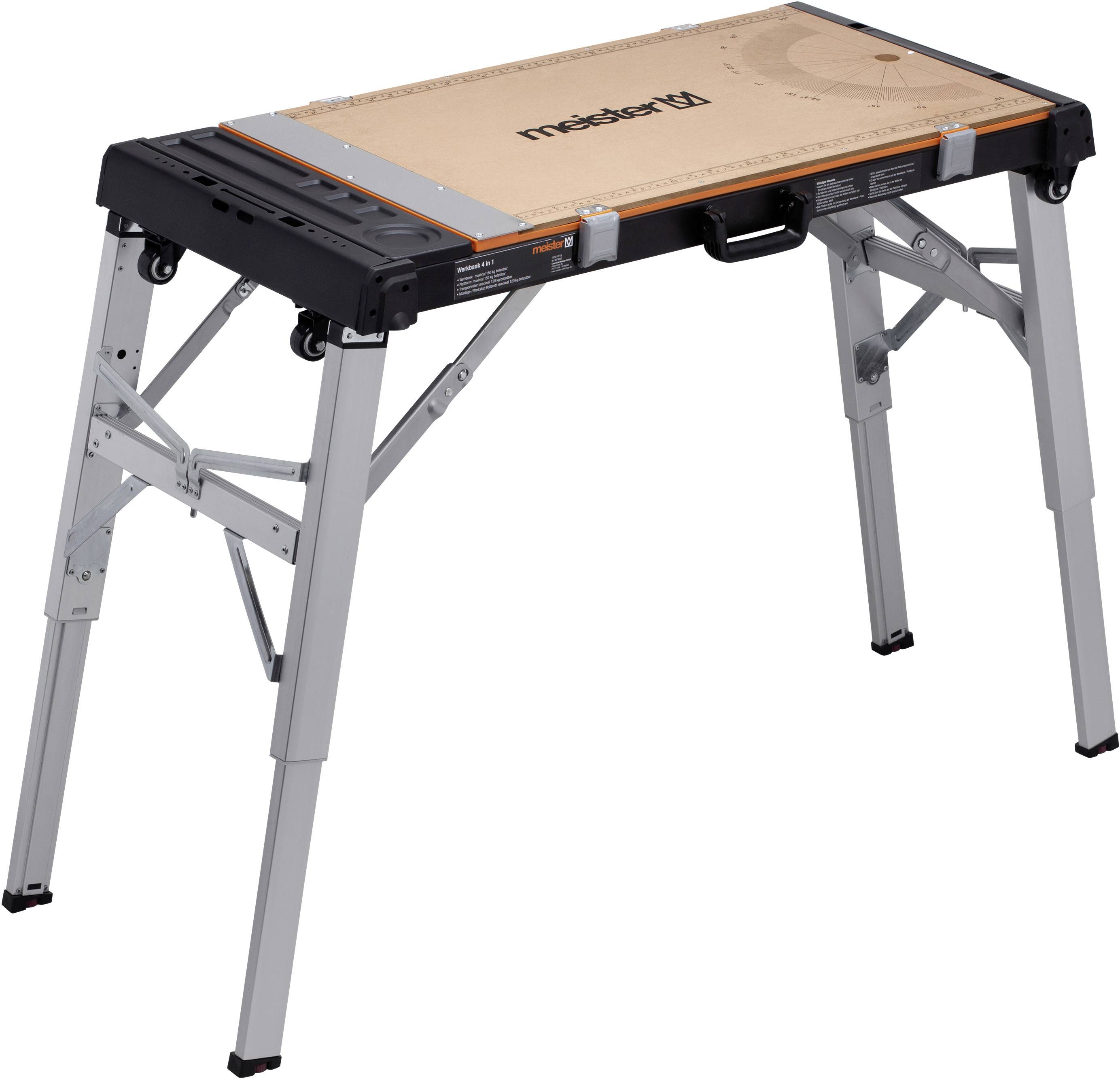 Ein klappbarer Arbeitstisch aus Metall und Holz, dessen Höhe verstellbar ist. Ideal für Werkstattarbeiten und den mobilen Einsatz.