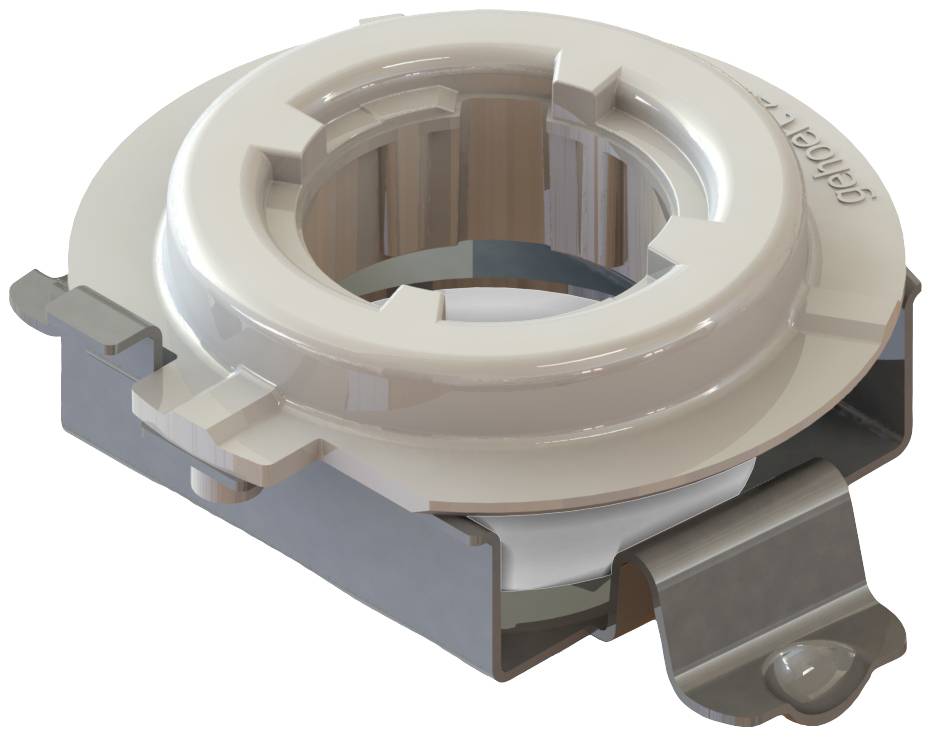 Ein weißer Kunststoffring mit metallischer Halterung, vermutlich ein Bauteil für eine technische Anwendung, auf einem neutralen Hintergrund.