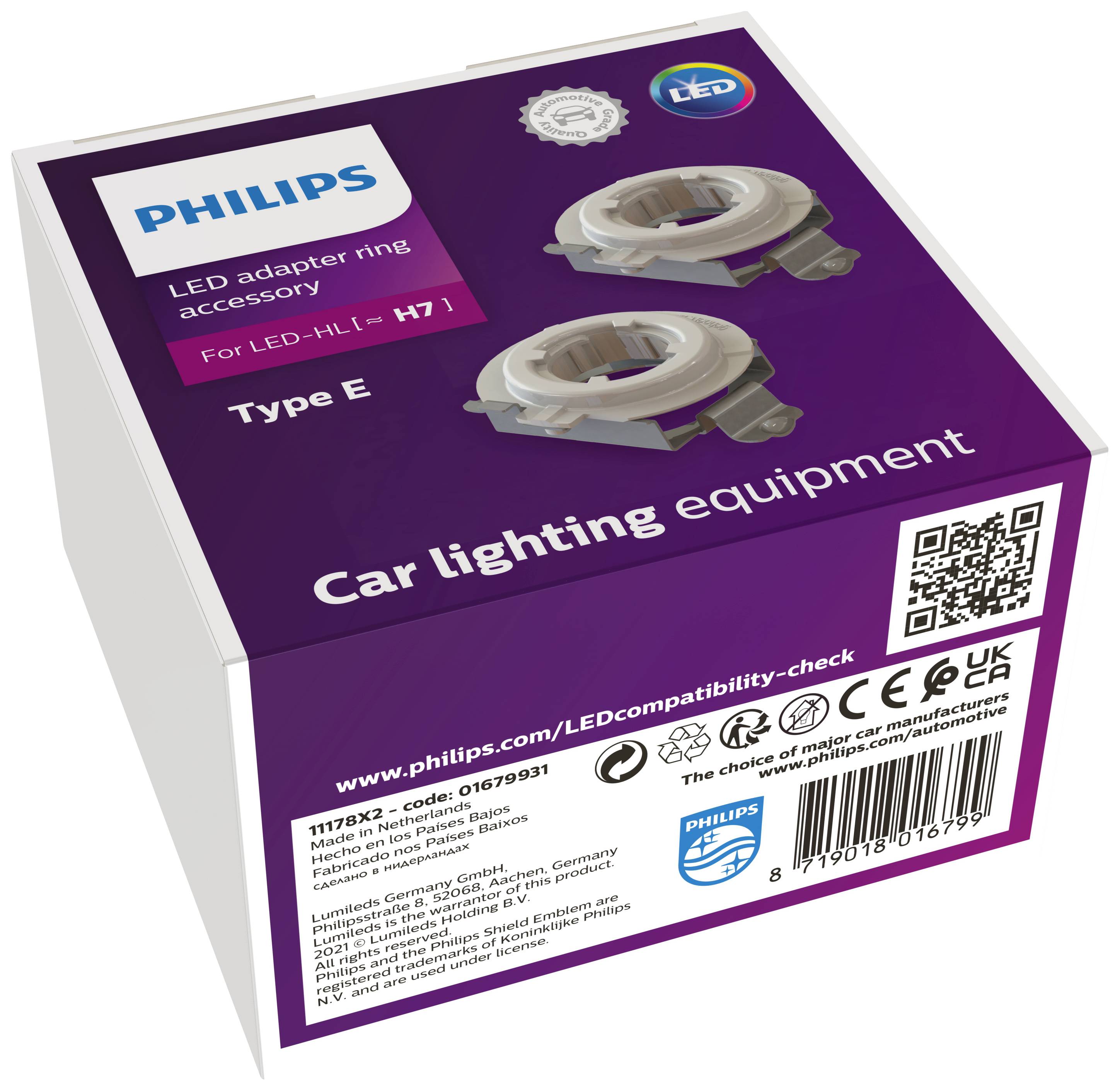 Philips LED-Adapterring-Zubehör für LED-Hl [≈ H7], Typ E. Verpackung mit Autolichtausrüstung und Website-QR-Code.