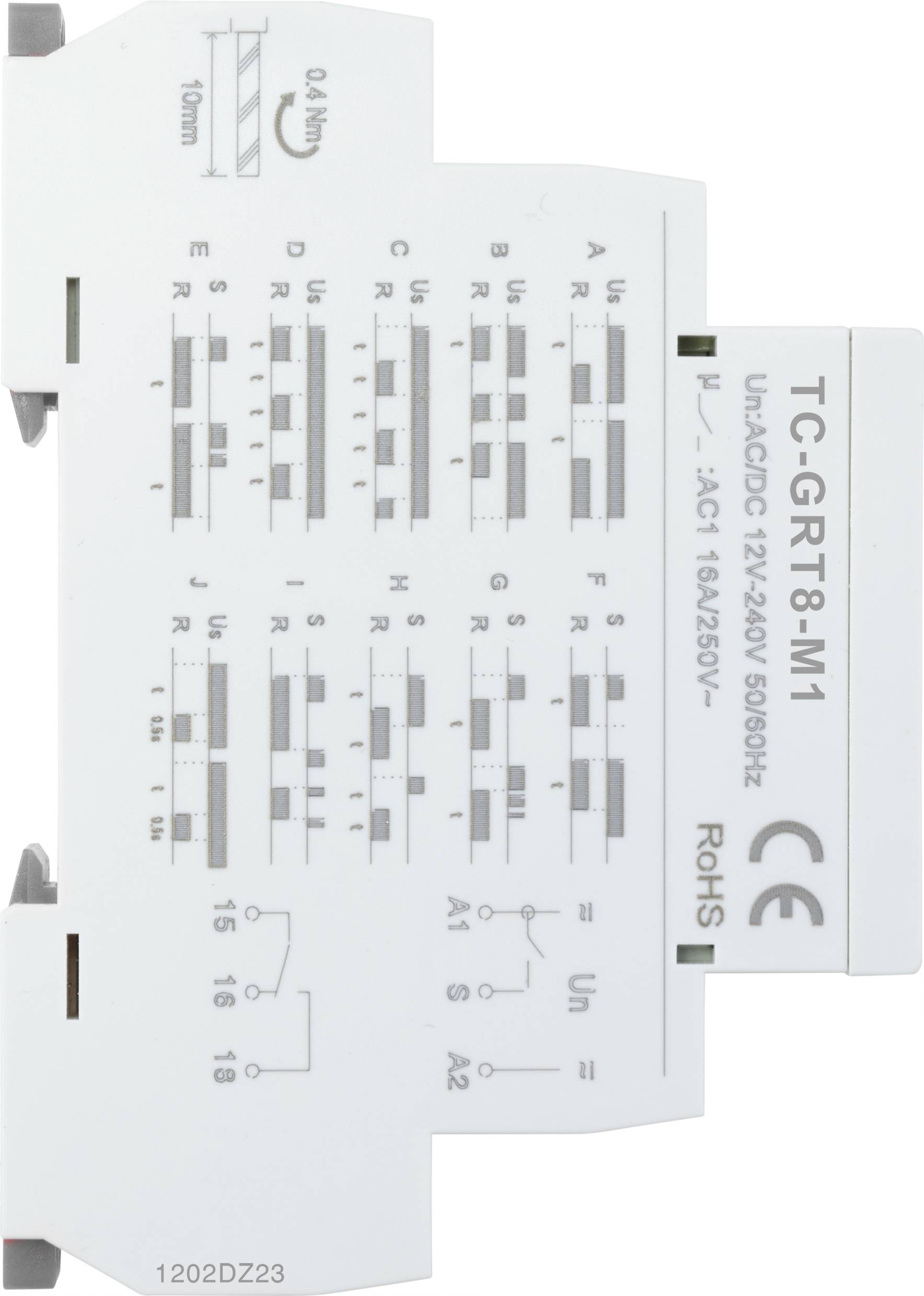 Ein Schalterrelais mit Typenbezeichnung TC-GRT8-M1 zeigt elektrische Schaltpläne und technische Spezifikationen für den Anschluss.