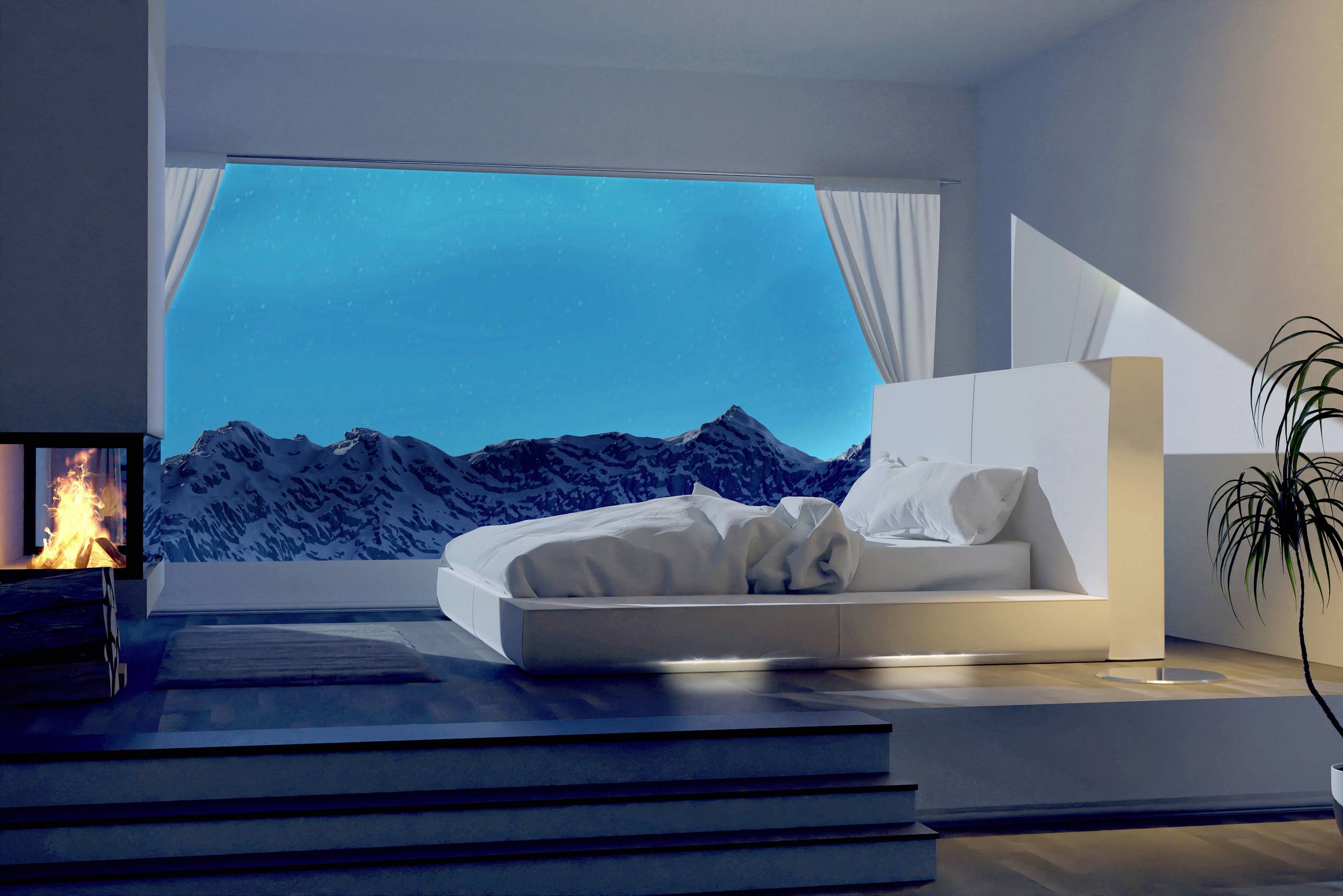 Schlafzimmer mit modernem Bett, großen Fenstern mit Blick auf verschneite Berge und schneebedeckten Himmel, Kamin auf der linken Seite.