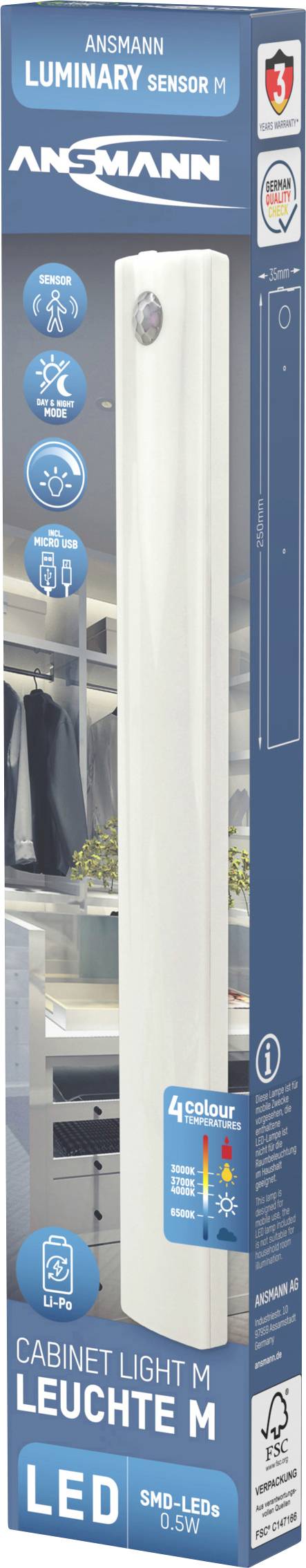 Ansmann cabinet-light-medium LED-Unterbauleuchte mit Bewegungsmelder LED LED fest eingebaut 18W Kaltweiß, Naturweiß, Warmweiß Weiß