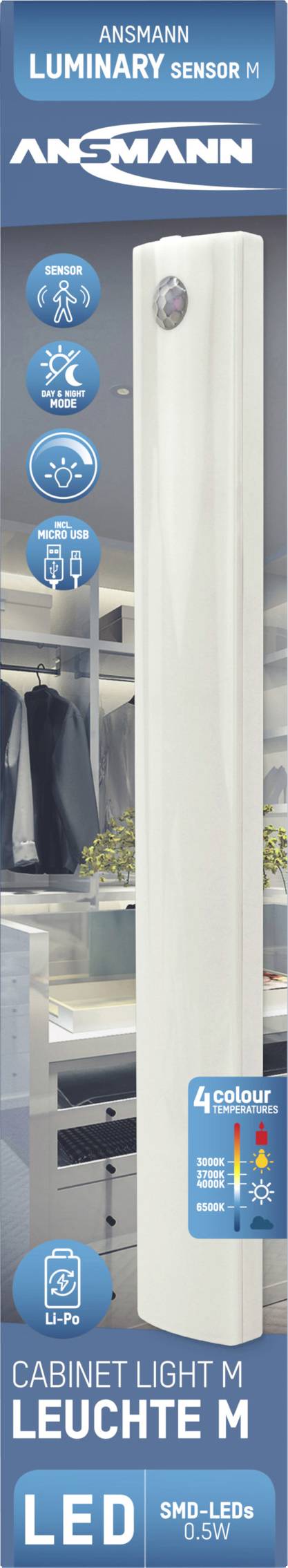 Ansmann cabinet-light-medium LED-Unterbauleuchte mit Bewegungsmelder LED LED fest eingebaut 18 W Kaltweiß, Naturweiß, Warmweiß Weiß