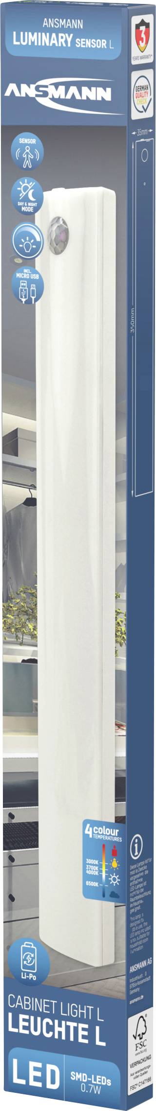 Ansmann cabinet-light-large LED-Unterbauleuchte mit Bewegungsmelder LED LED fest eingebaut 0.7W Kaltweiß, Naturweiß, Warmweiß Weiß