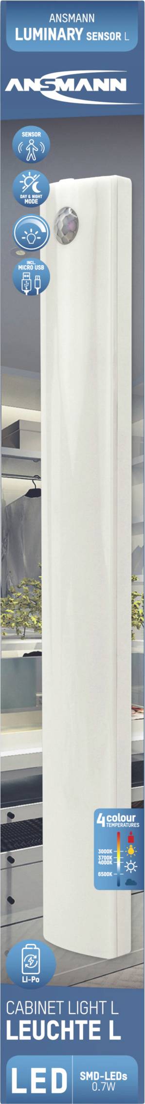 Ansmann cabinet-light-large LED-Unterbauleuchte mit Bewegungsmelder LED LED fest eingebaut 0.7W Kaltweiß, Naturweiß, Warmweiß Weiß