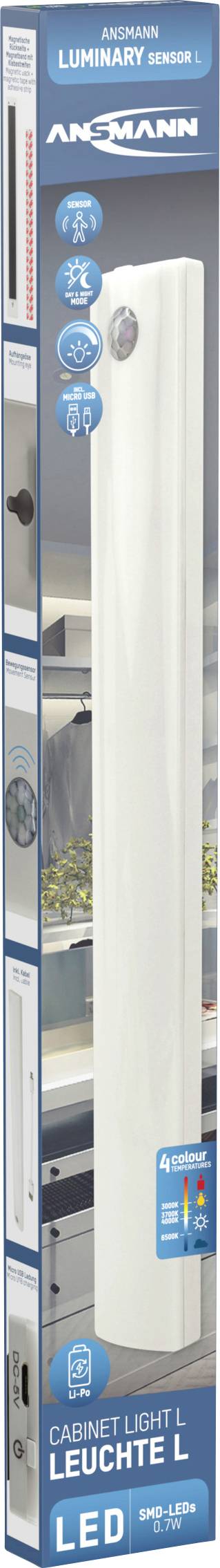 Ansmann cabinet-light-large LED-Unterbauleuchte mit Bewegungsmelder LED LED fest eingebaut 0.7W Kaltweiß, Naturweiß, Warmweiß Weiß