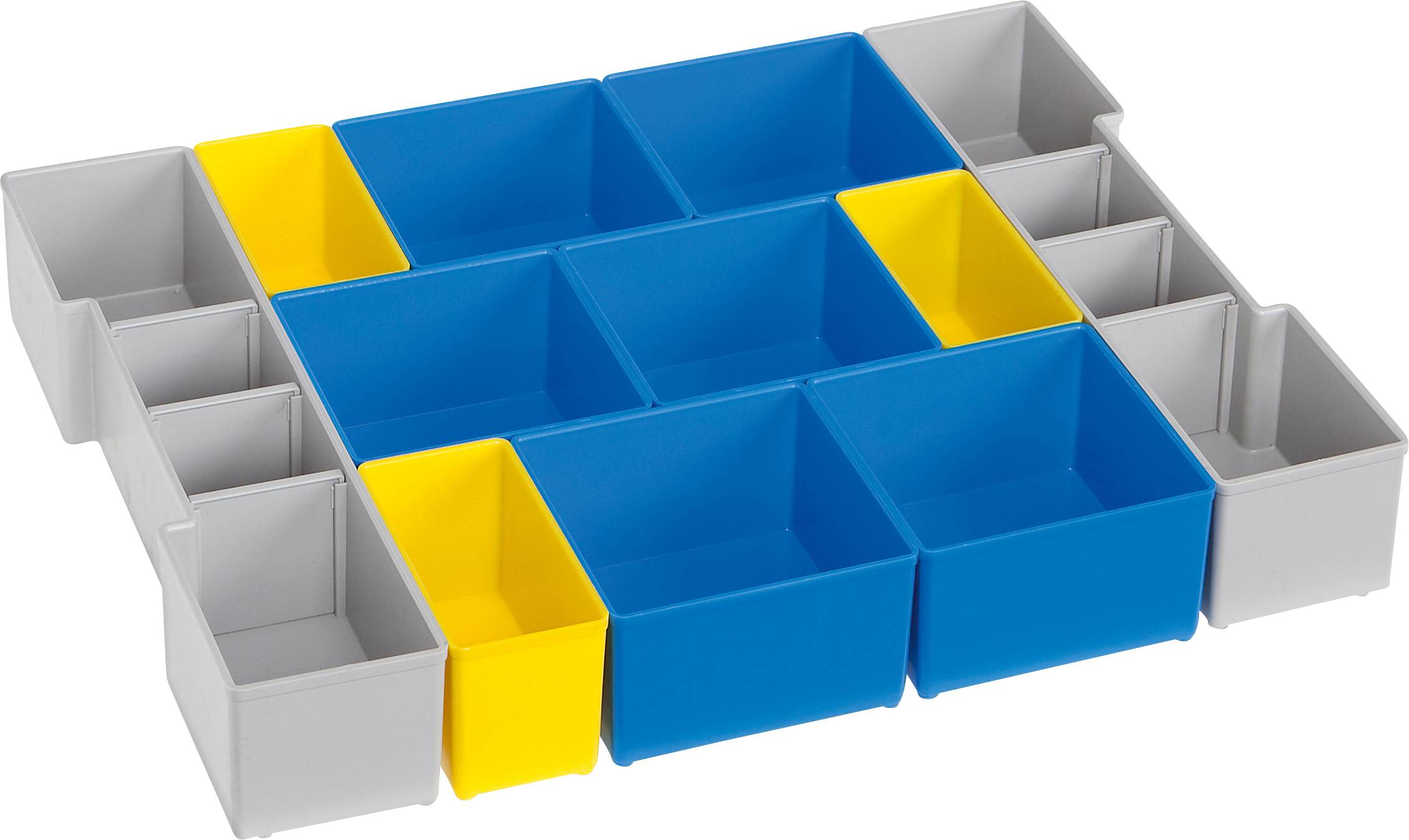 Graue, blaue und gelbe Aufbewahrungsboxen in einem rasterförmigen Organizer. Boxen in verschiedenen Größen zur Sortierung.