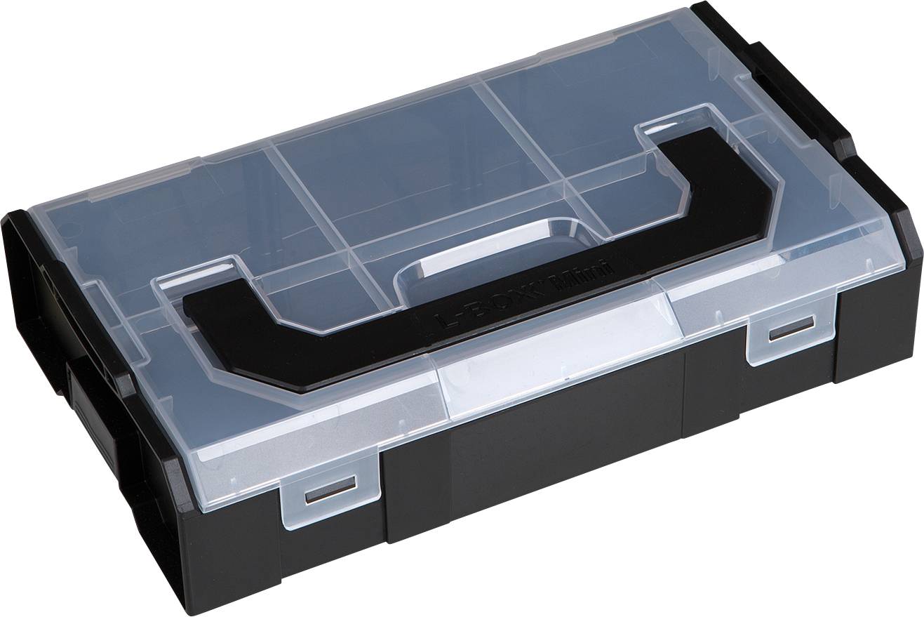 Transparente Aufbewahrungsbox mit schwarzem Griff und mehreren Fächern zur organisierten Aufbewahrung von kleinen Gegenständen.