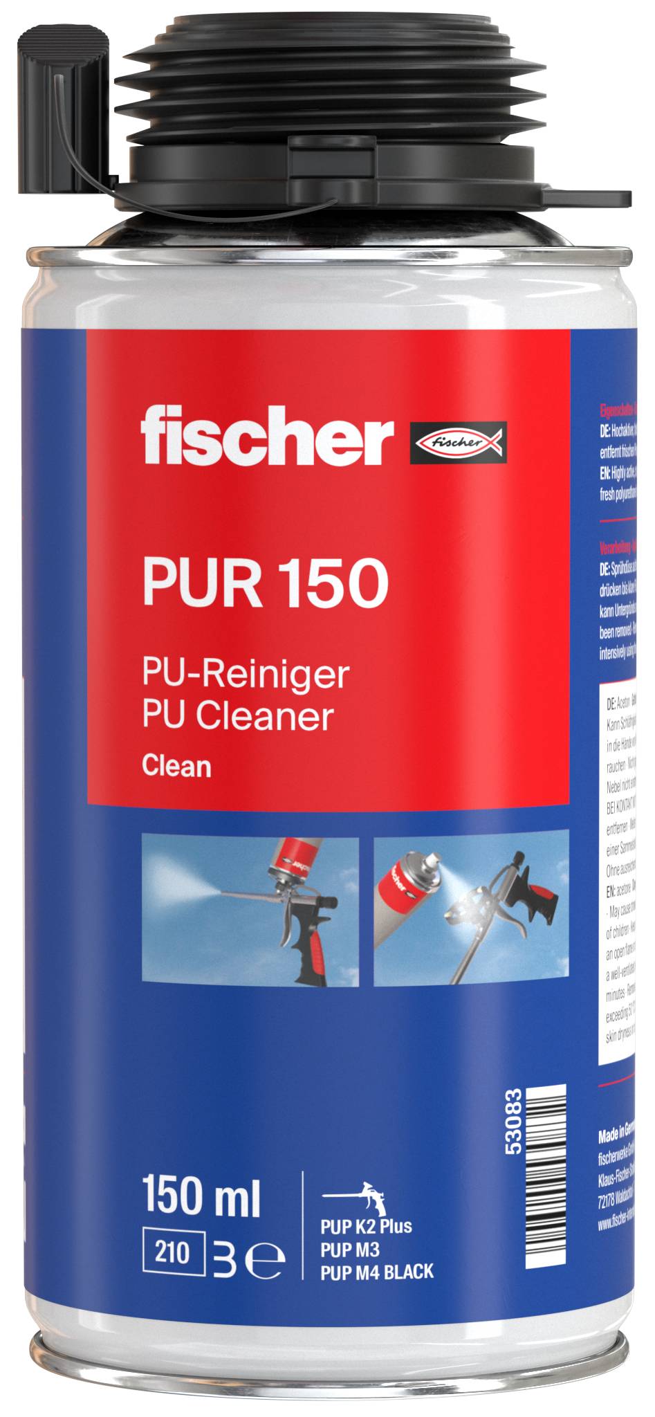 Flasche Fischer PUR 150 PU-Reiniger, 150 ml, mit rotem und blauem Etikett zur Reinigung von PU-Schaumstoff-Werkzeugen und Oberflächen.