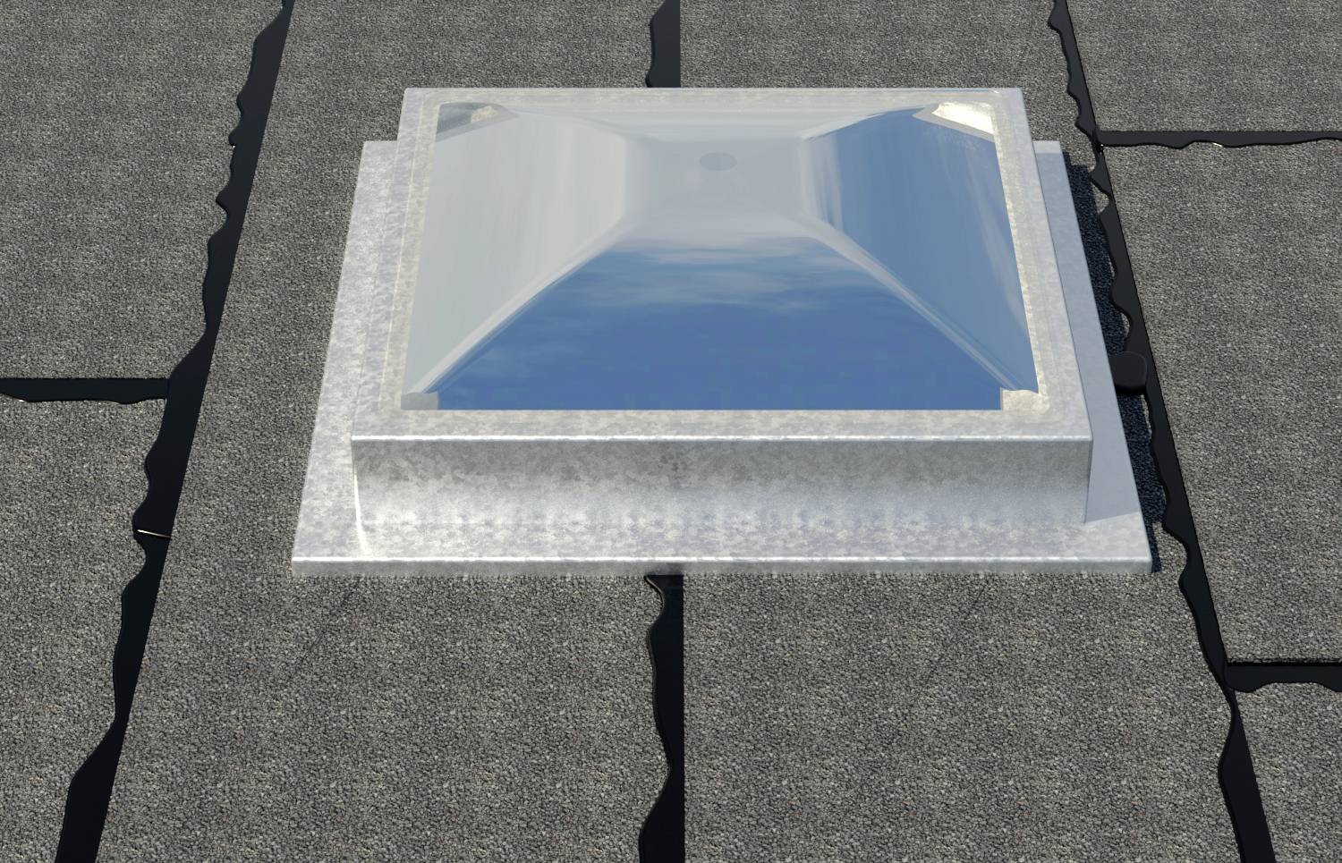 Oberlicht mit klarem Glas auf dunklem, gefliestem Dach, umgeben von grauen Kacheln.